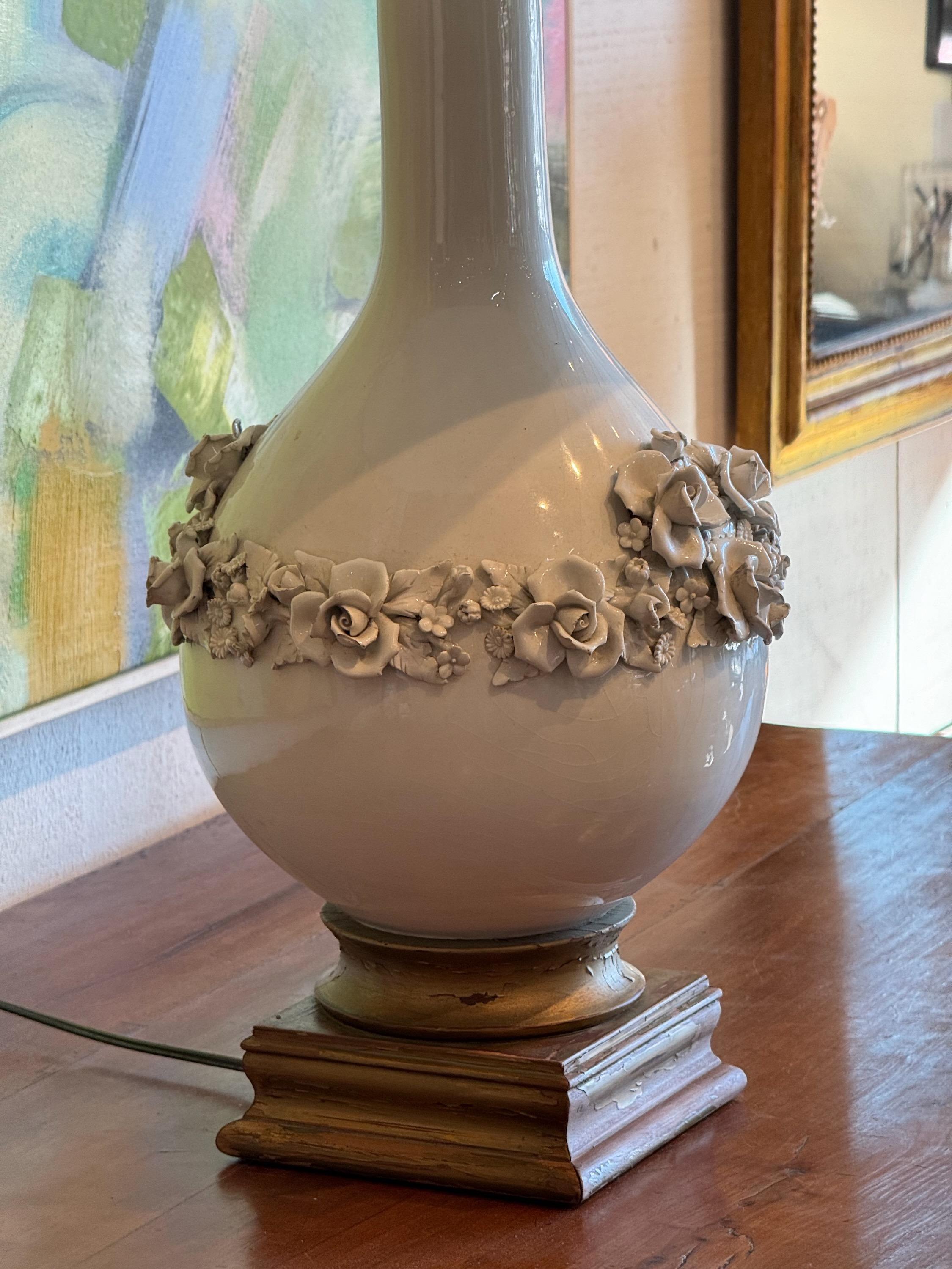 1950s White Flowers Ceramic Lamp 1