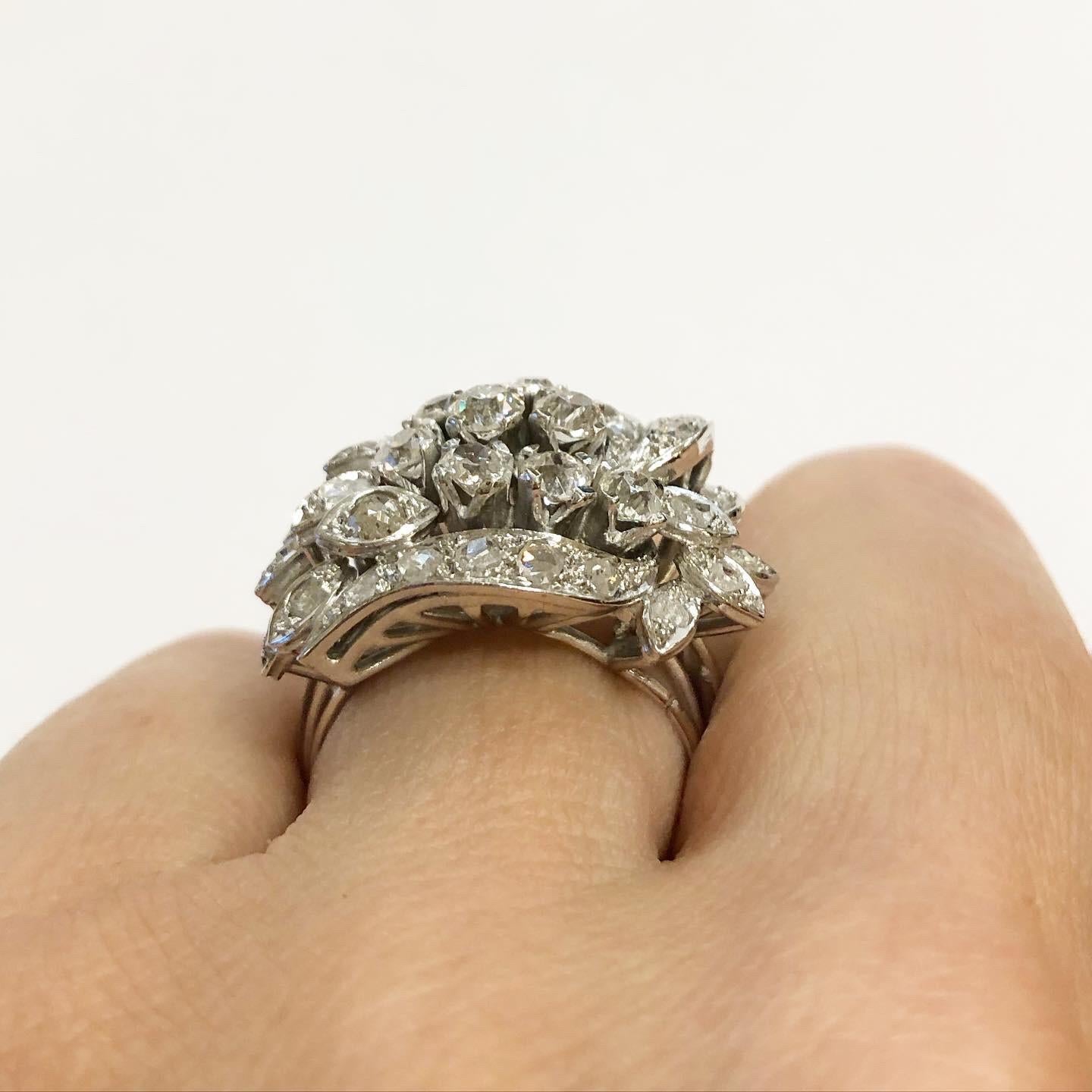 Retro 1950s 18k White Gold and 2 Carat Diamonds Cocktail Ring For Sale