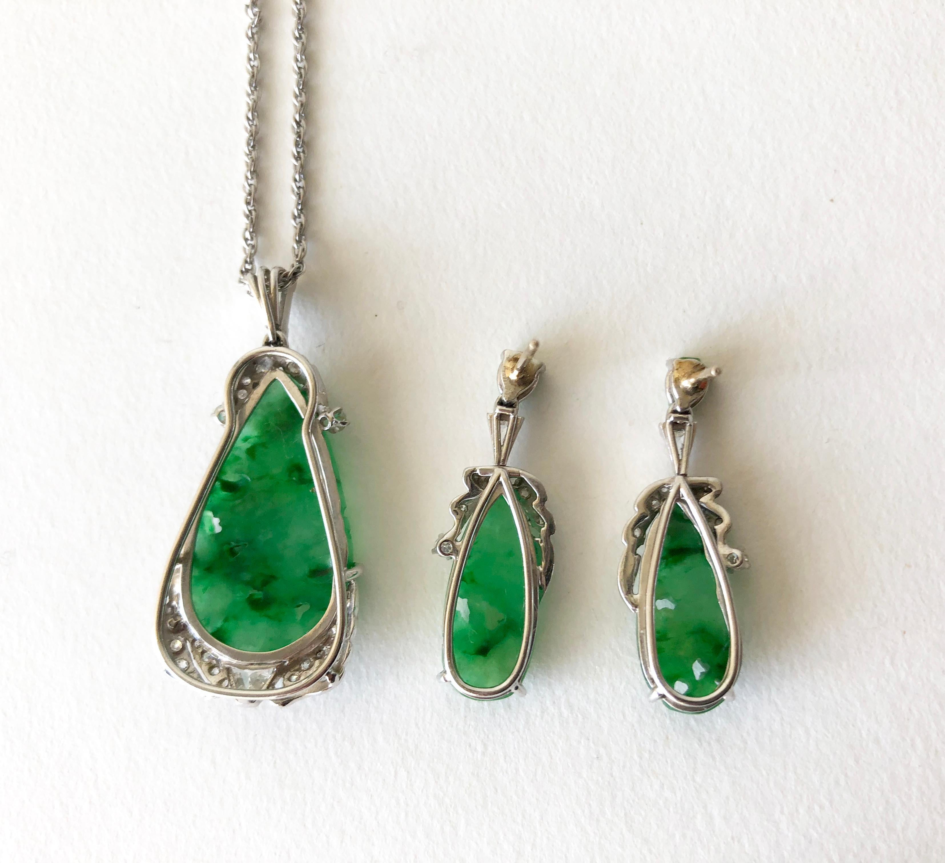 Modernist 1950s White Gold Diamond Carved Jade Necklace Earrings Set