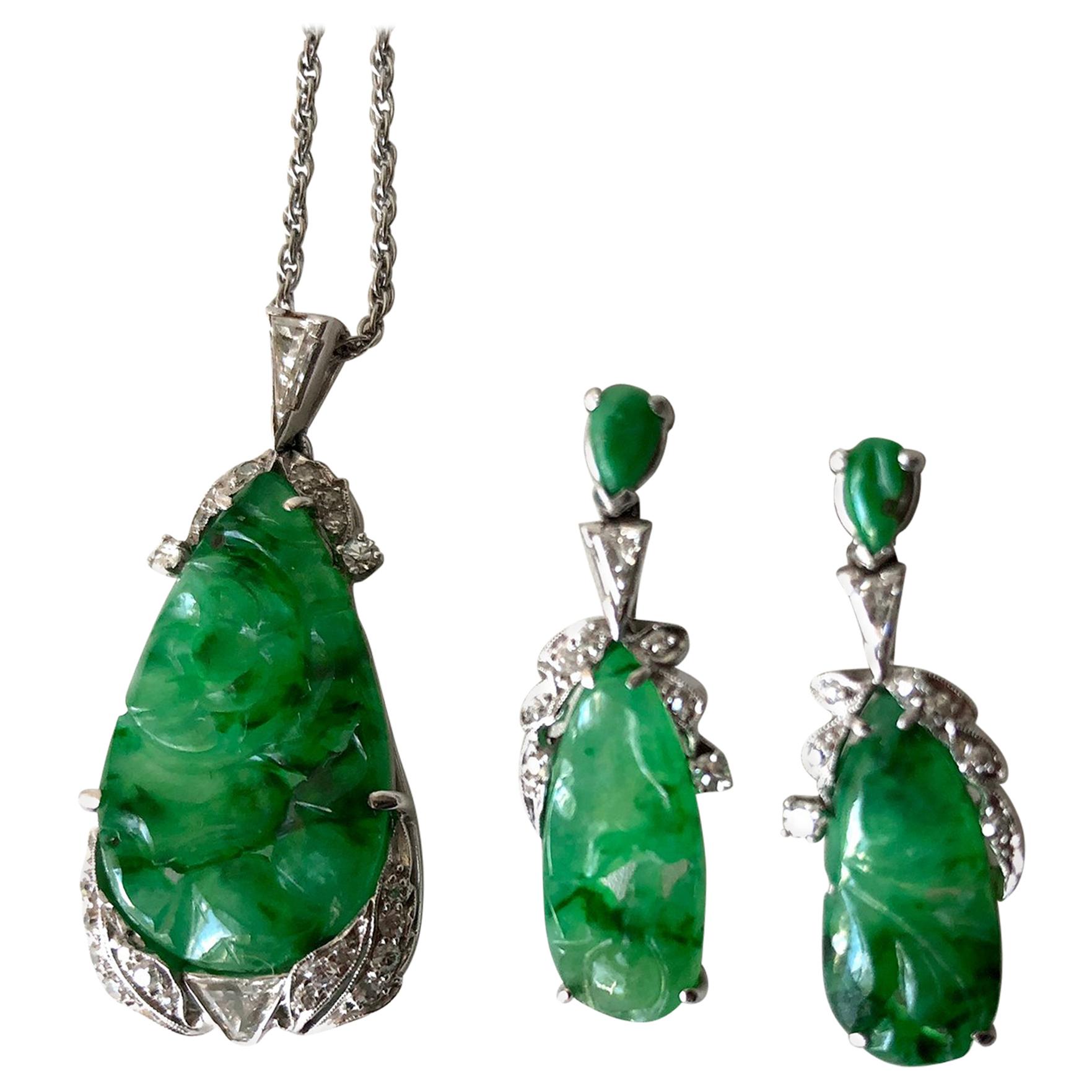 1950s White Gold Diamond Carved Jade Necklace Earrings Set
