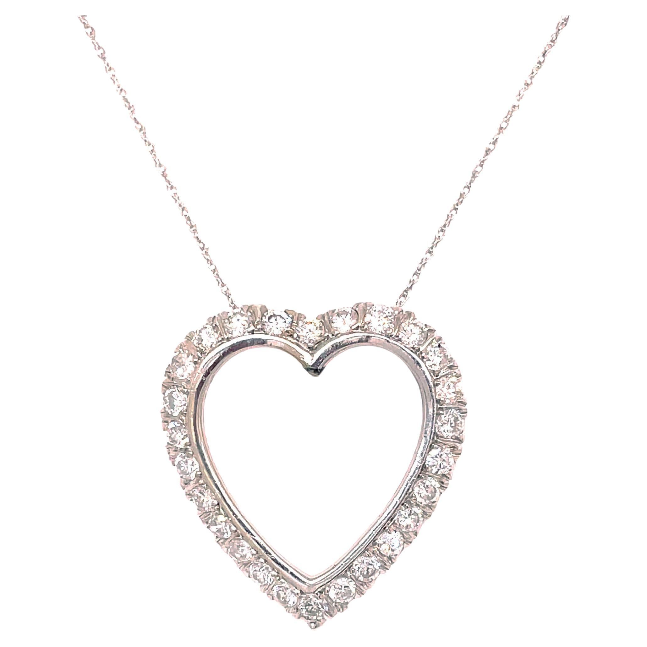 1950s White Gold Diamond Heart Pendant Necklace For Sale