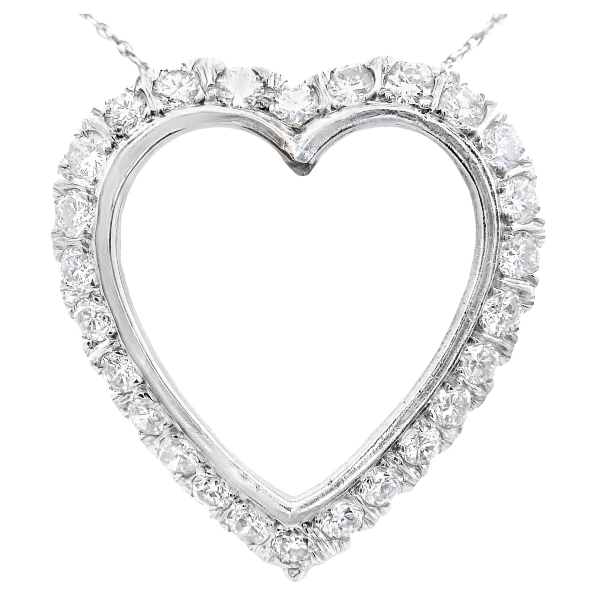 1950s White Gold Diamond Heart Pendant Necklace
