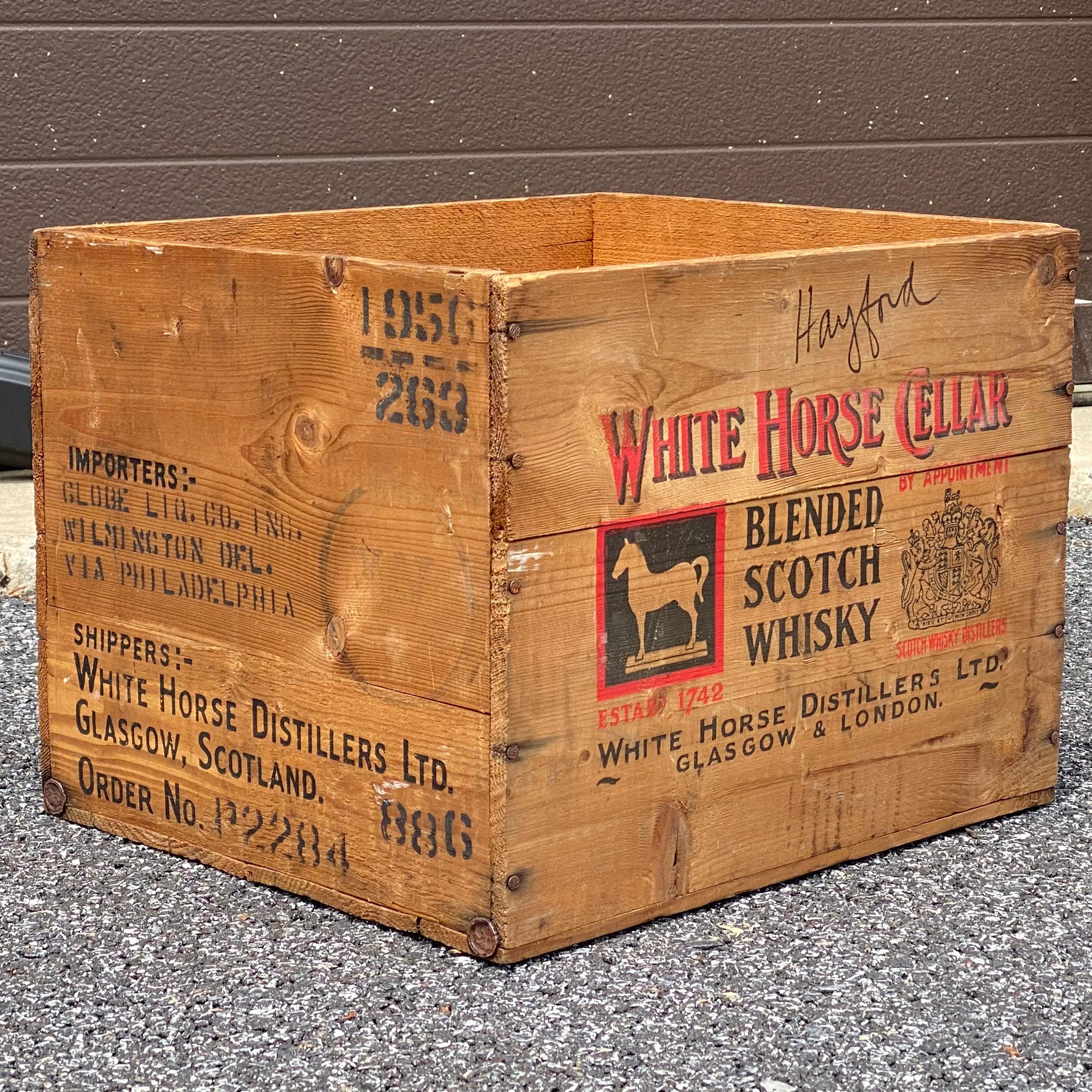 Rustic 1950's White Horse Cellar Scotch Wooden Whisky Crate For Sale