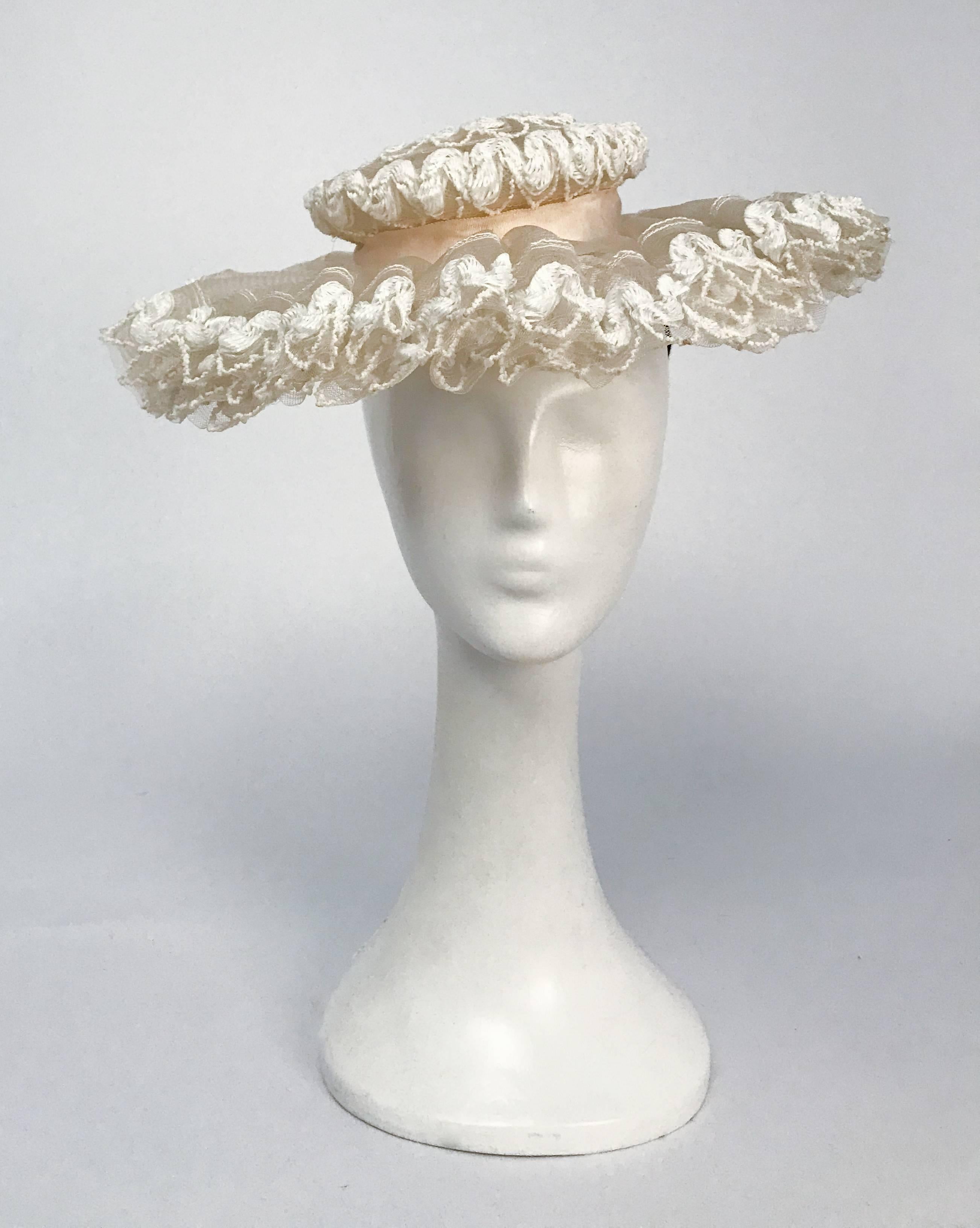 1950s White Lace & Horsehair Hat. Edwardian style hat from the 1950s made of ruffled horsehair base with lace pattern and decorated with ribbon band. Held to back of head with band at nape of neck and perches atop the head. 