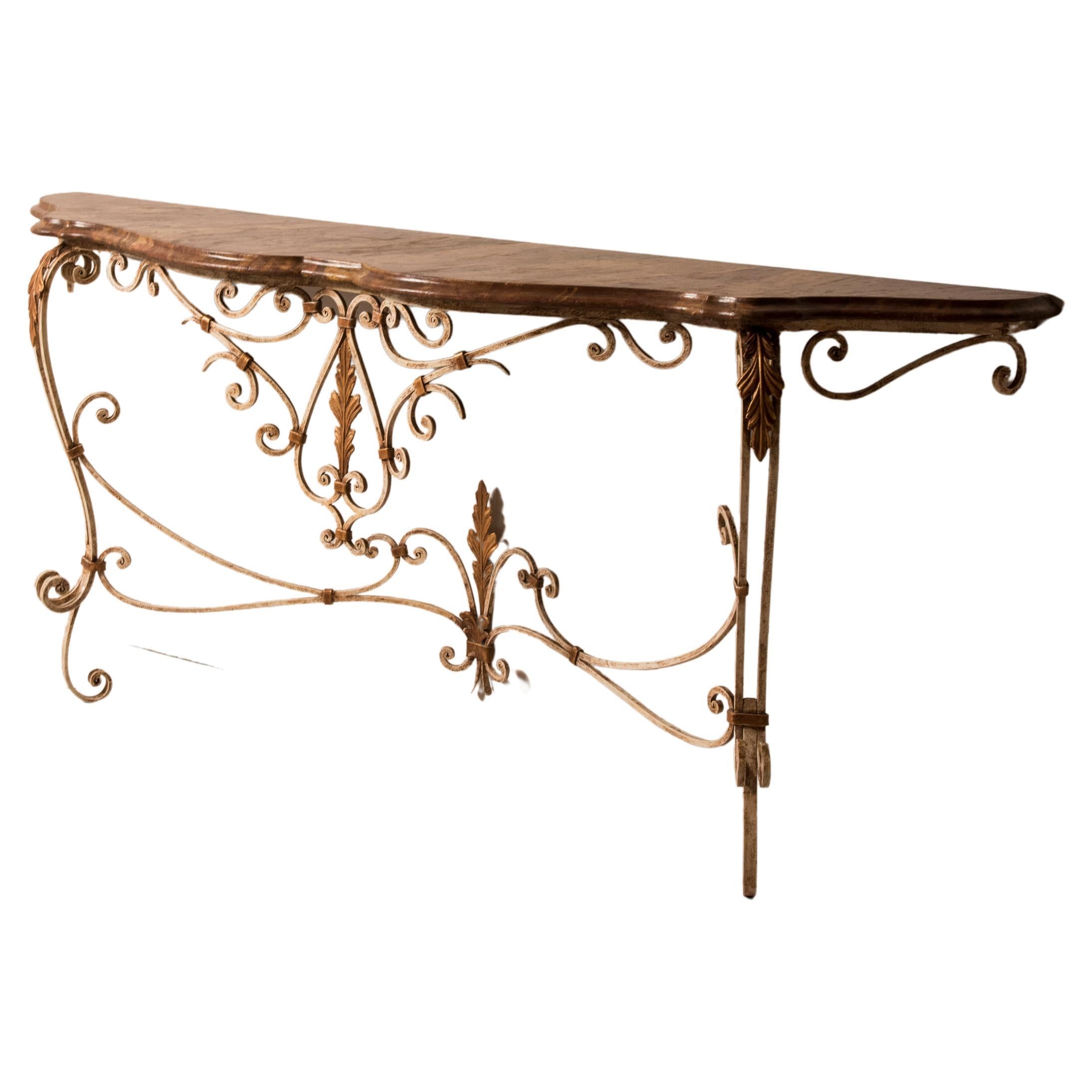1950s White Lacquer Wrought Iron and Brown Marmorized wooden Top Console Table 