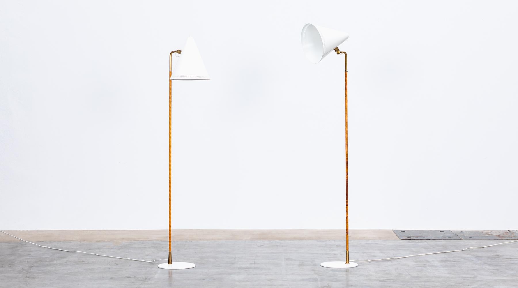 Mid-Century Modern 1950s White Lacquered, Metal, Brass Matching Pair of Floor Lamp by Paavo Tynell