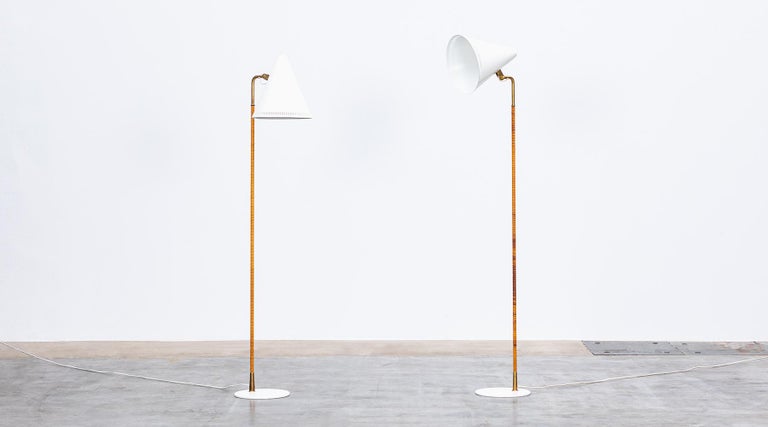 Mid-Century Modern 1950s White Lacquered, Metal, Brass Matching Pair of Floor Lamp by Paavo Tynell