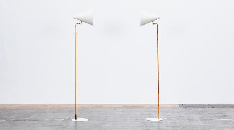 Finnish 1950s White Lacquered, Metal, Brass Matching Pair of Floor Lamp by Paavo Tynell