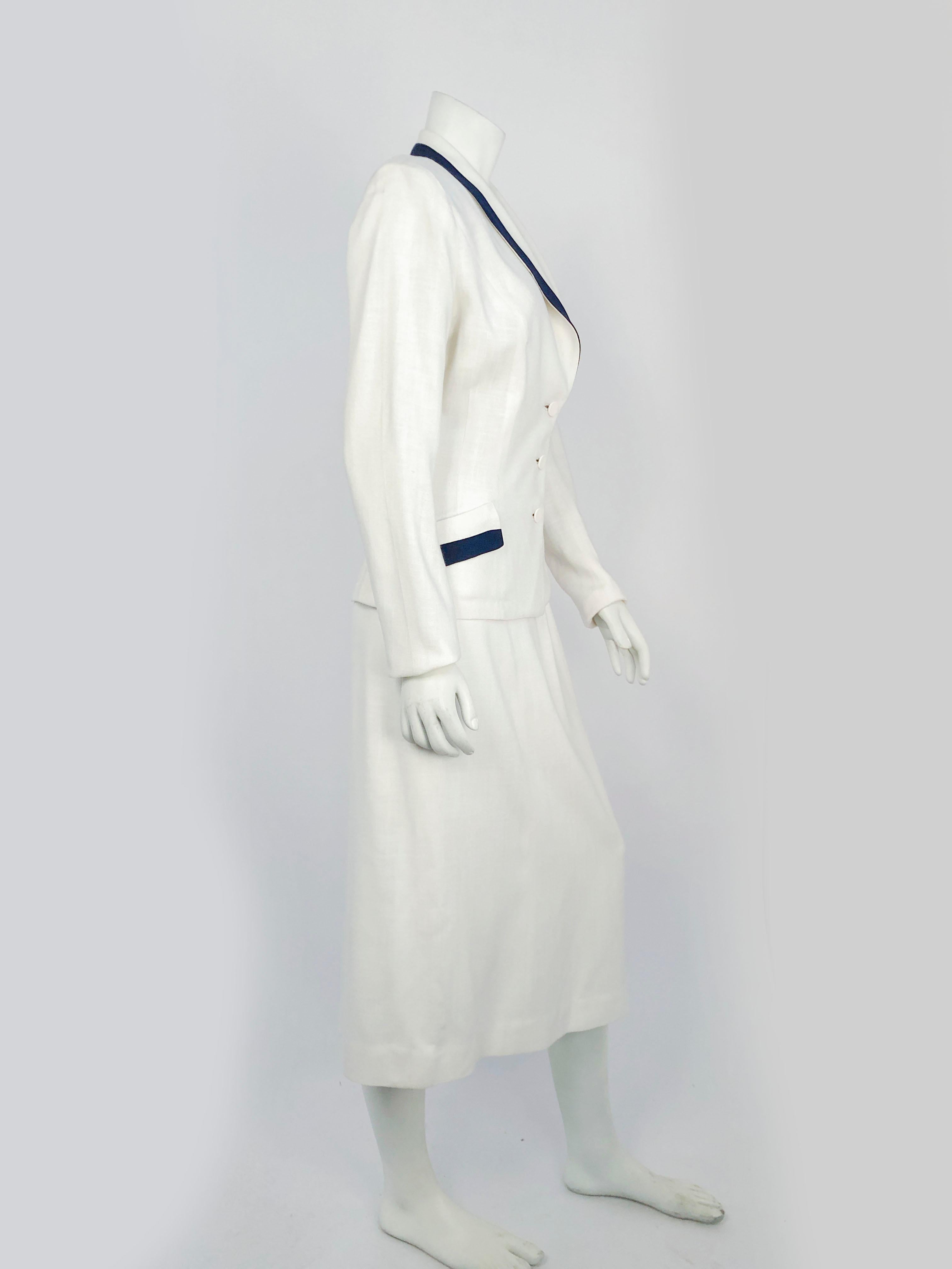 Gray 1950s White Linen Suit With Navy Accents
