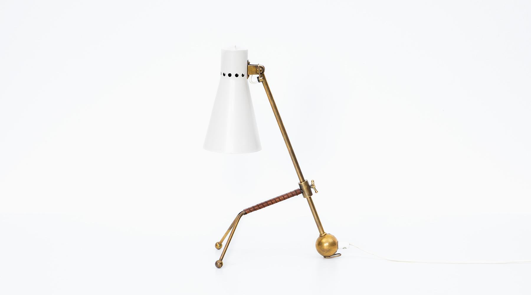 Finnish 1950s White Metal Shade and Brass Table Lamp by Tapio Wirkkala For Sale