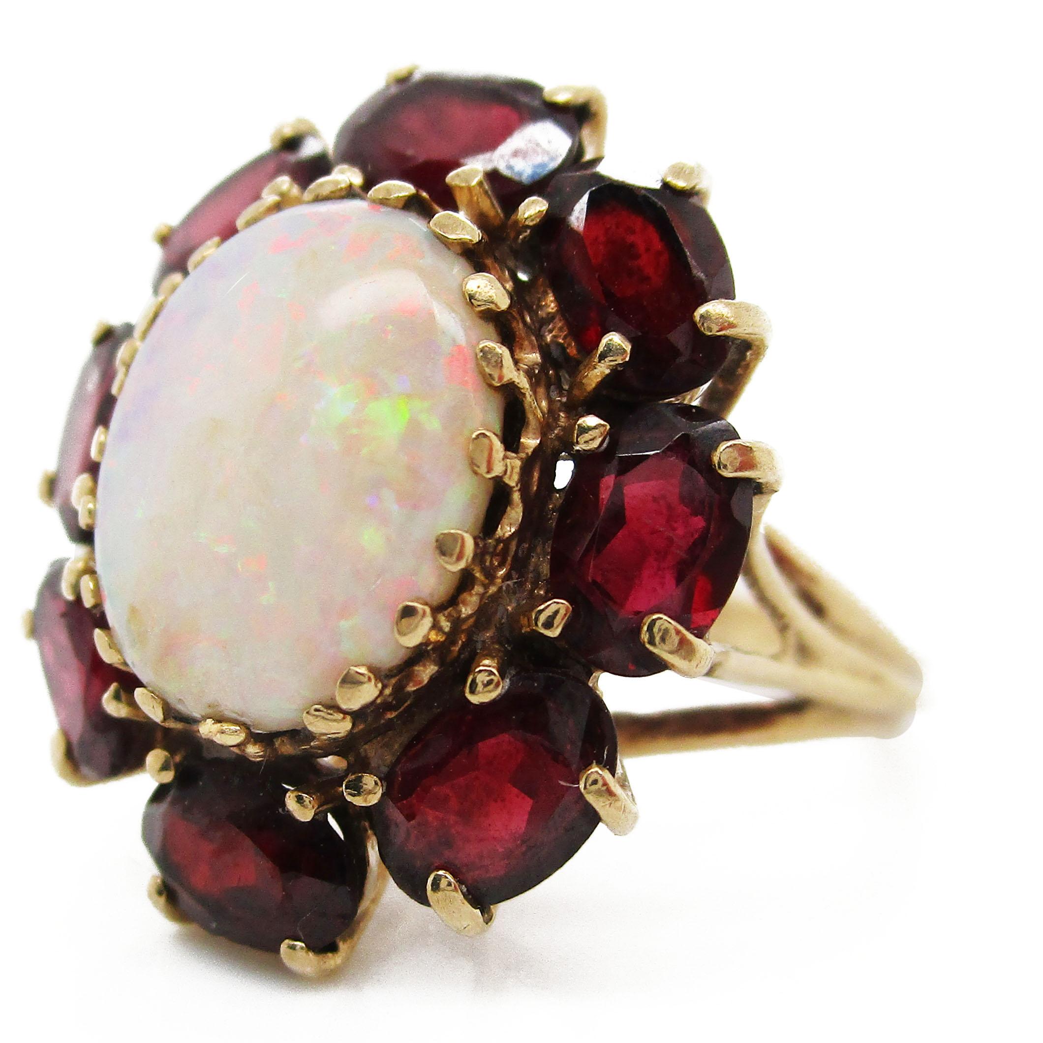 Art Deco 1950s White Opal and Red Garnet 14 Karat Yellow Gold Cocktail Ring For Sale