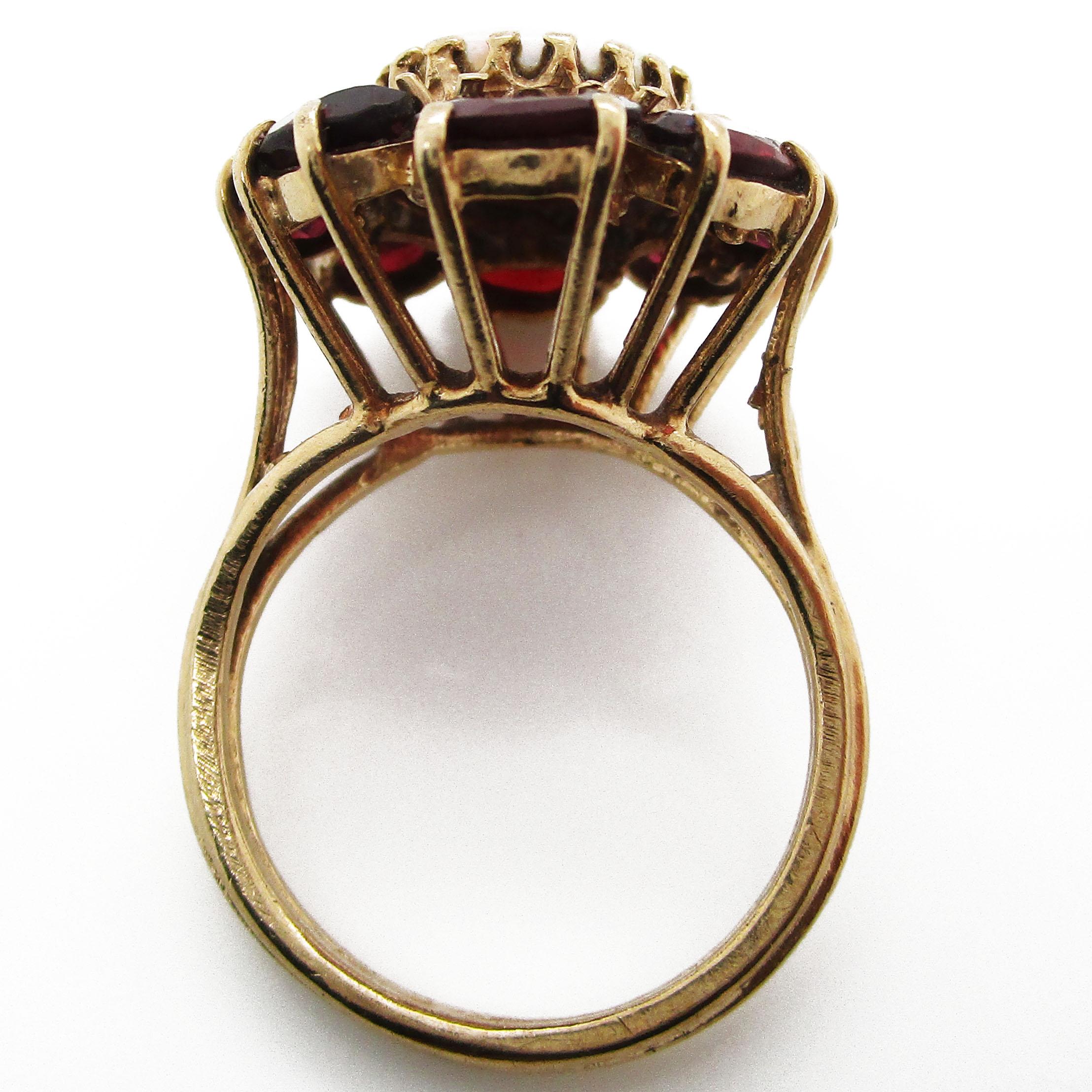 1950s White Opal and Red Garnet 14 Karat Yellow Gold Cocktail Ring In Excellent Condition For Sale In Lexington, KY