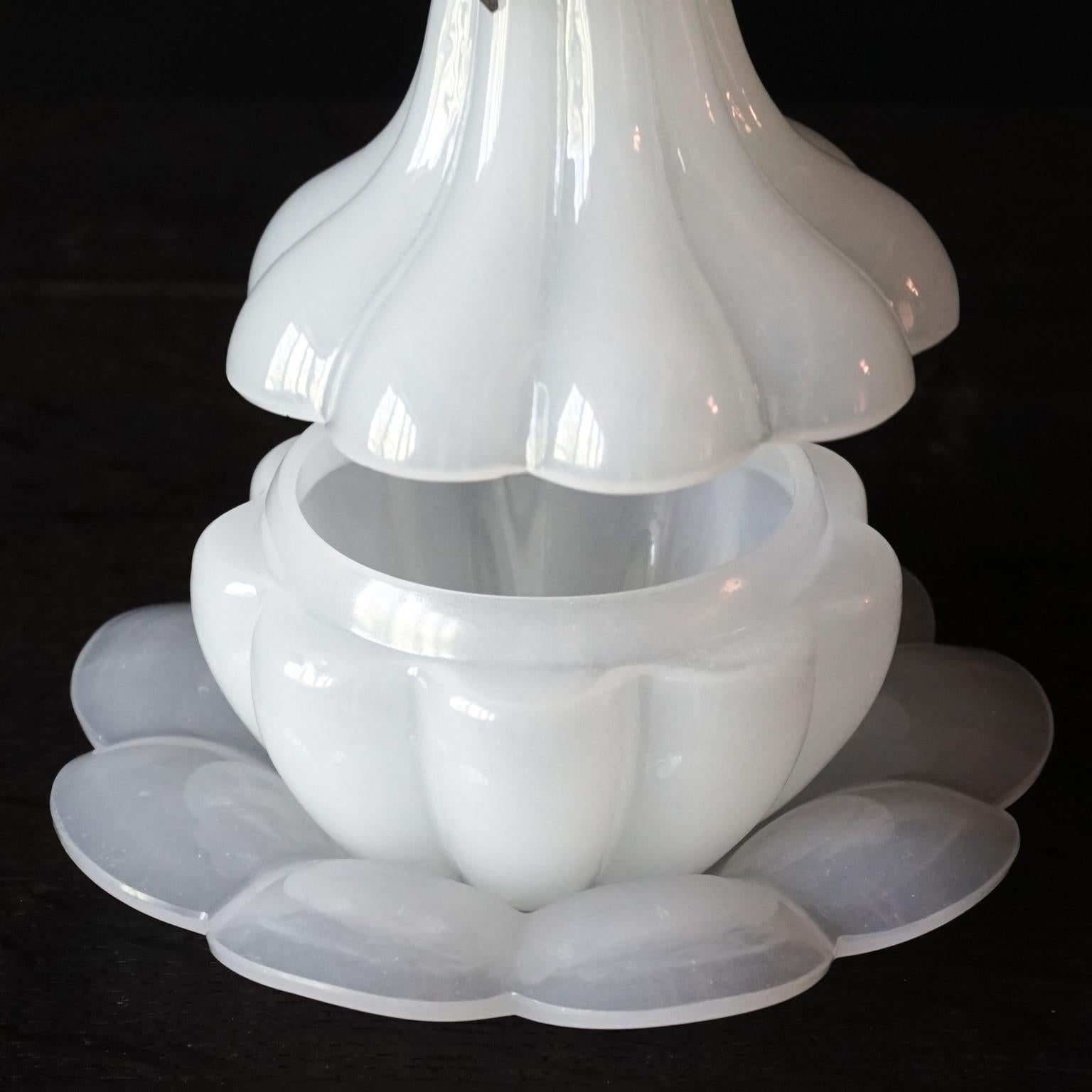 1950s White Opaline Glass Pear or Gourd Lidded Jar with Silver Grapes and Leaves For Sale 2