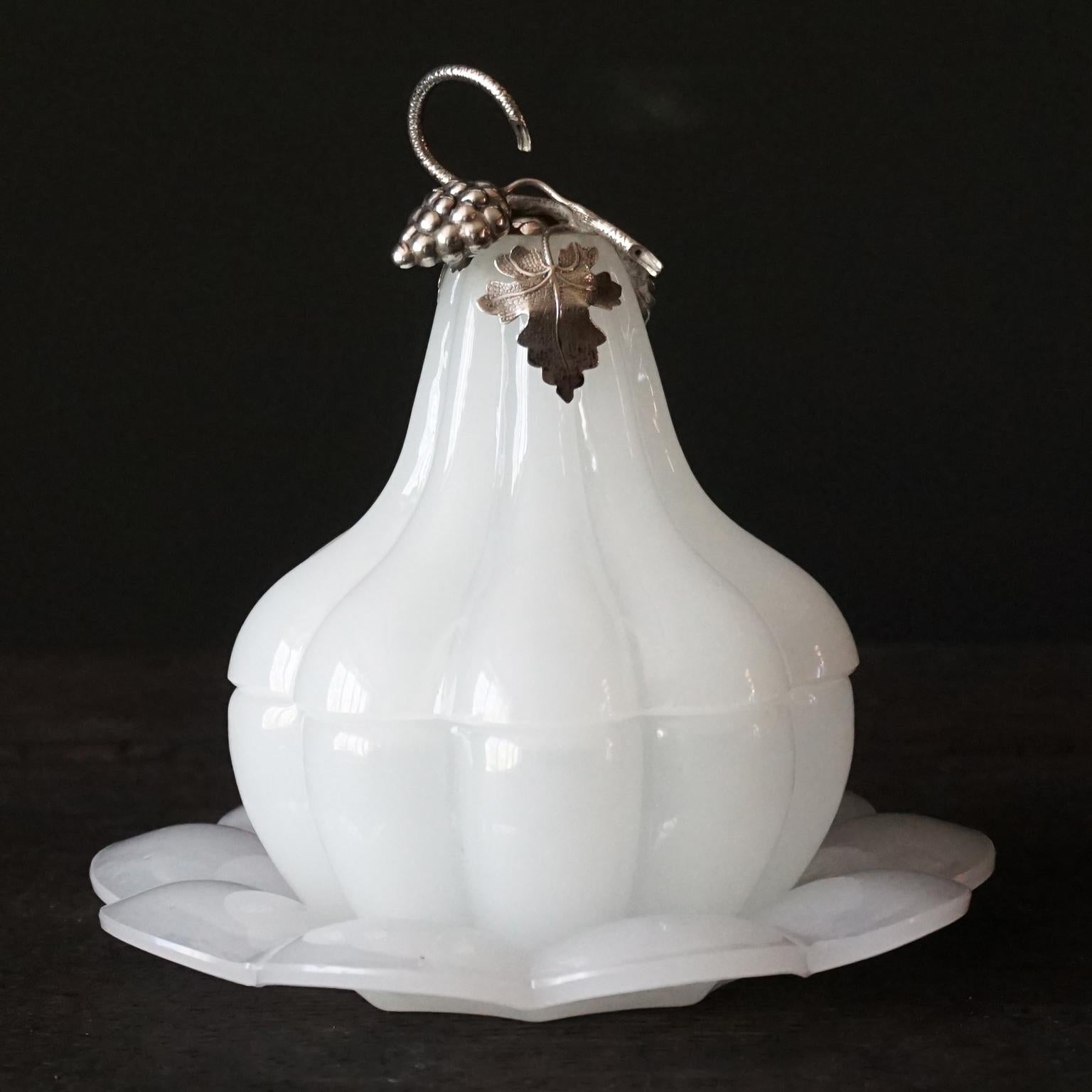 Mid-Century Modern 1950s White Opaline Glass Pear or Gourd Lidded Jar with Silver Grapes and Leaves For Sale