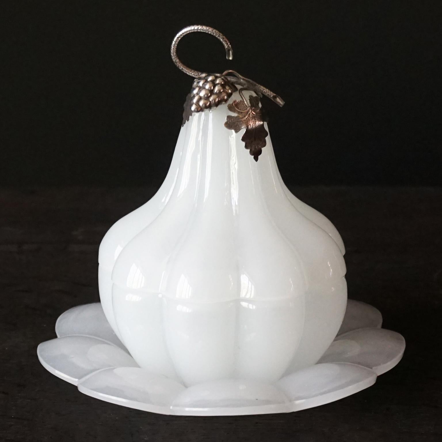 European 1950s White Opaline Glass Pear or Gourd Lidded Jar with Silver Grapes and Leaves For Sale