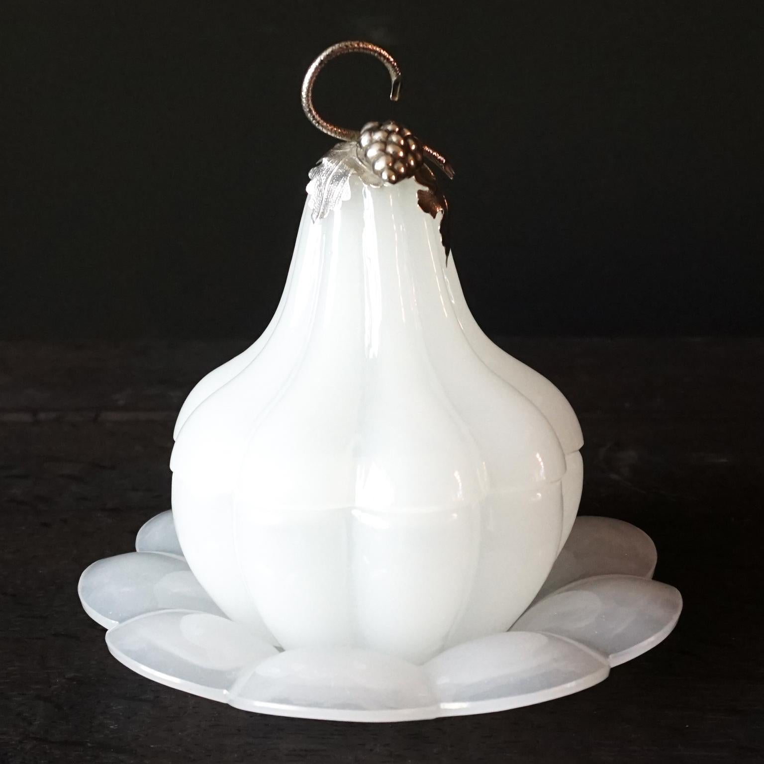 Pressed 1950s White Opaline Glass Pear or Gourd Lidded Jar with Silver Grapes and Leaves For Sale