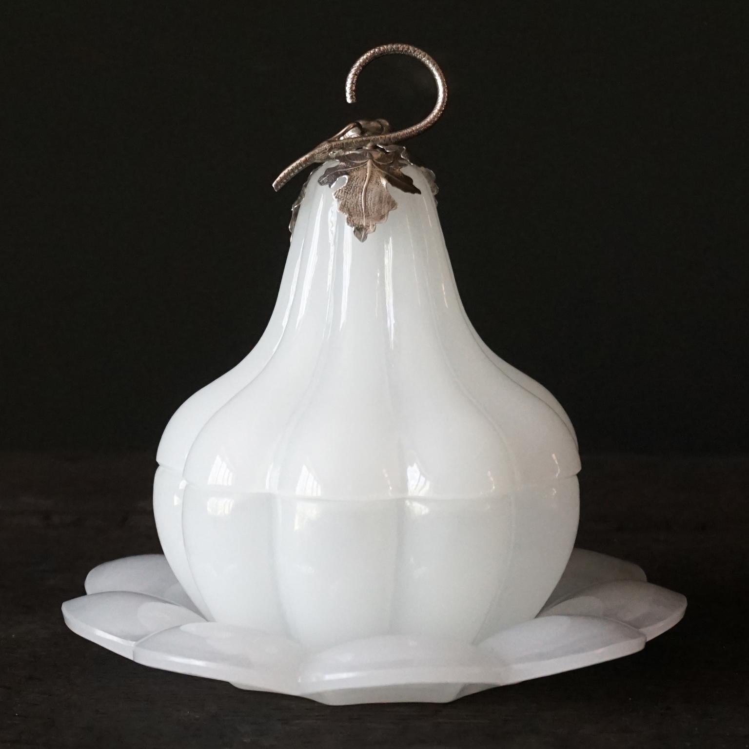 1950s White Opaline Glass Pear or Gourd Lidded Jar with Silver Grapes and Leaves In Good Condition For Sale In Haarlem, NL
