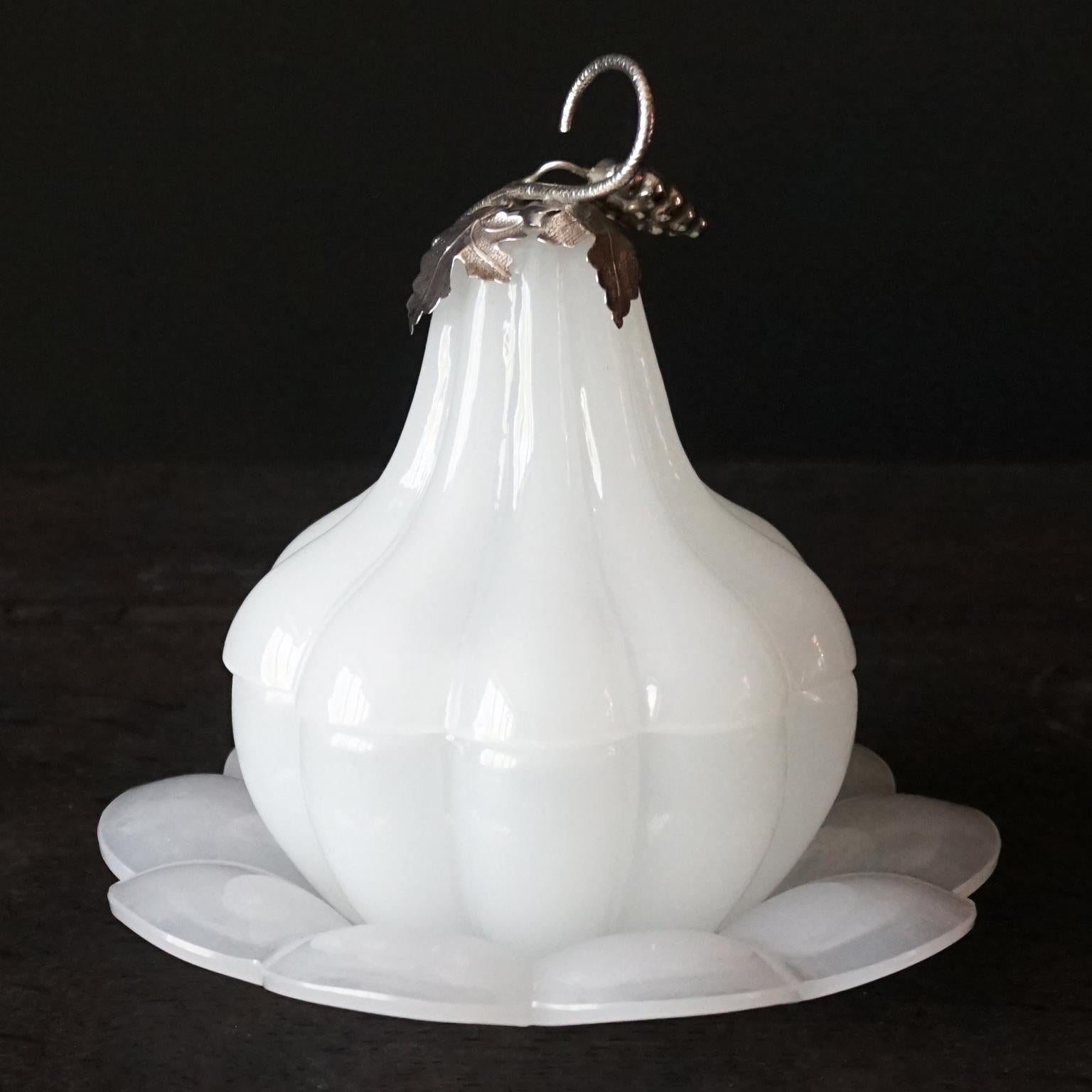 20th Century 1950s White Opaline Glass Pear or Gourd Lidded Jar with Silver Grapes and Leaves For Sale