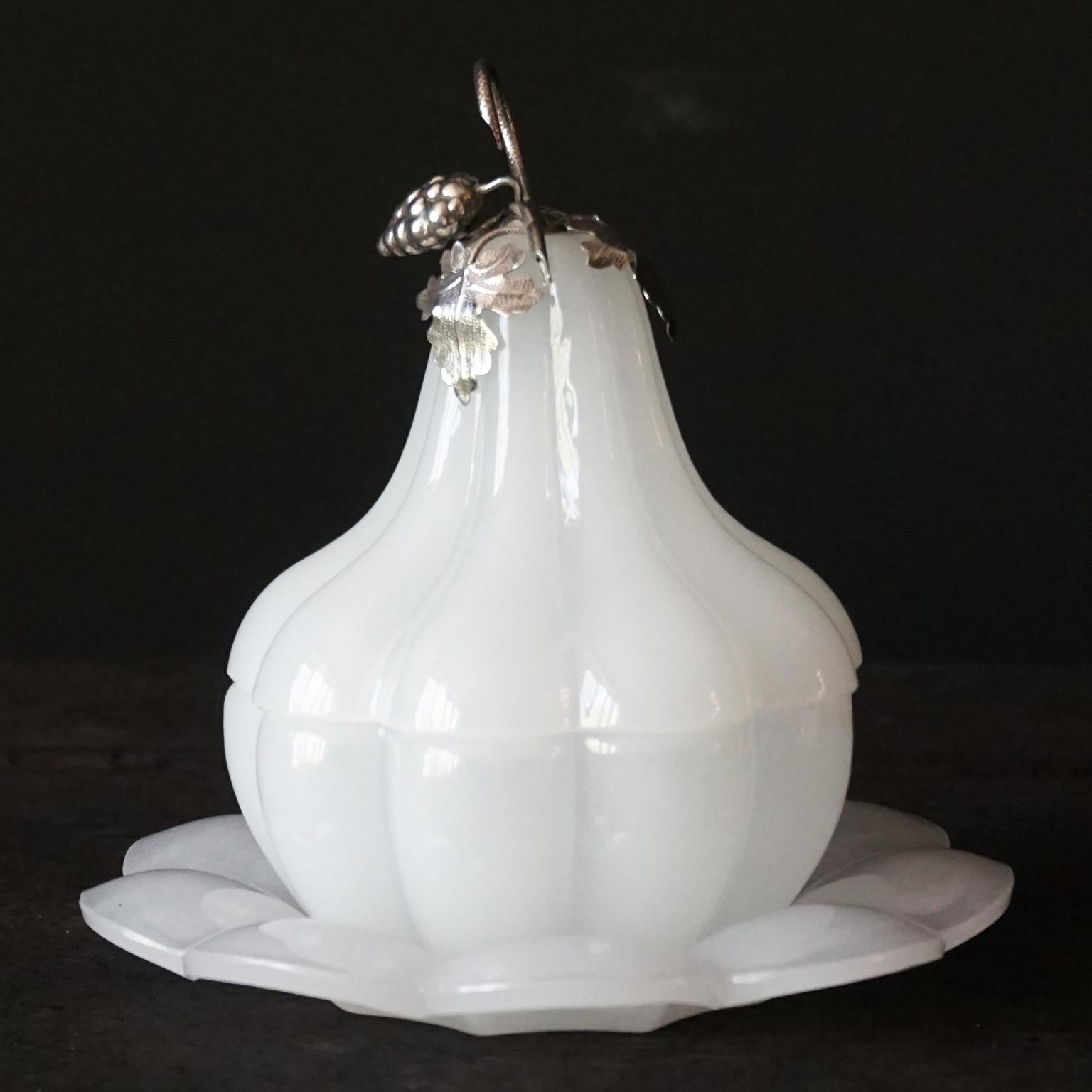 Metal 1950s White Opaline Glass Pear or Gourd Lidded Jar with Silver Grapes and Leaves For Sale