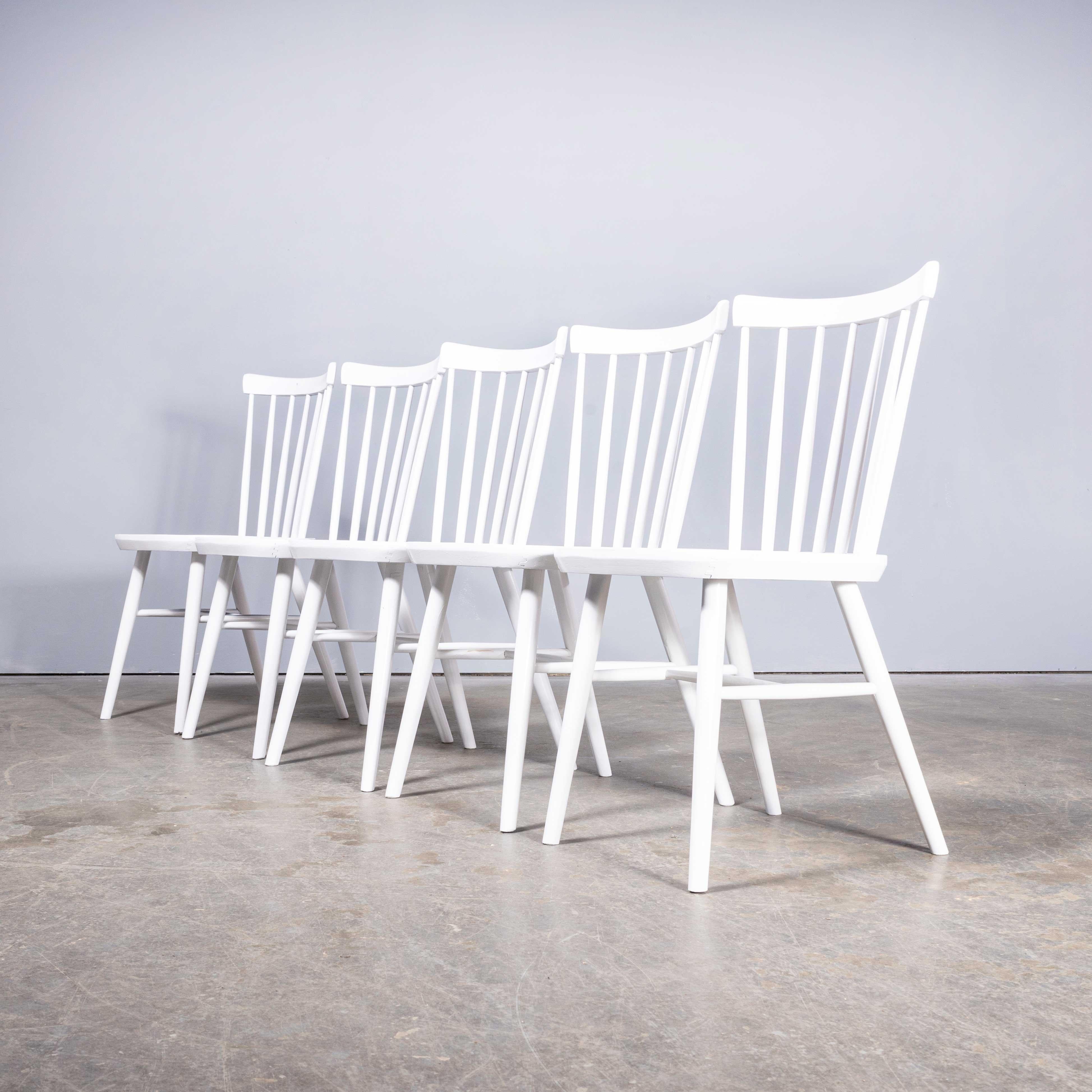 1950's White Painted  Stickback Dining Chairs - Solid Seat - By Ton - Set Of Fiv For Sale 5