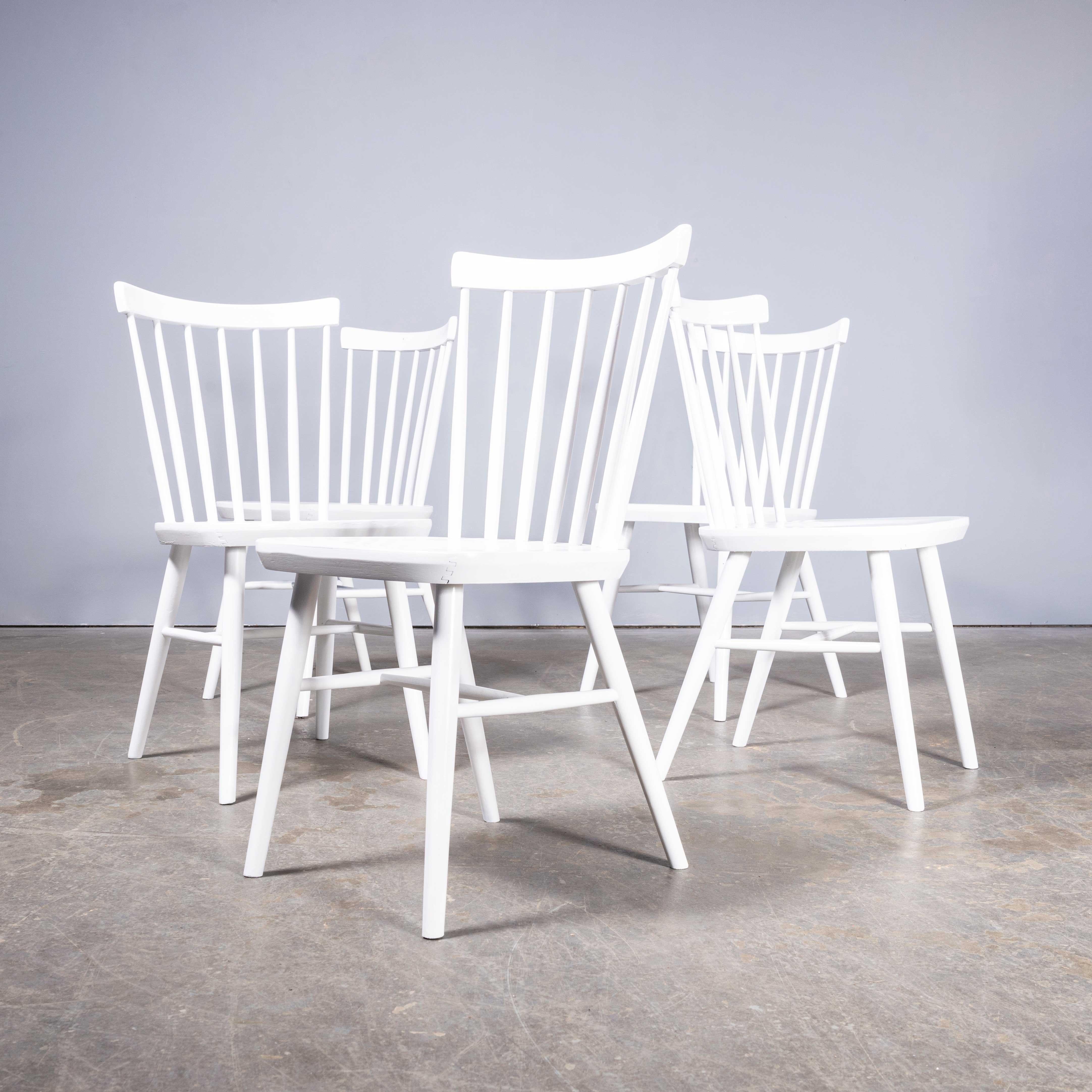 Czech 1950's White Painted  Stickback Dining Chairs - Solid Seat - By Ton - Set Of Fiv For Sale