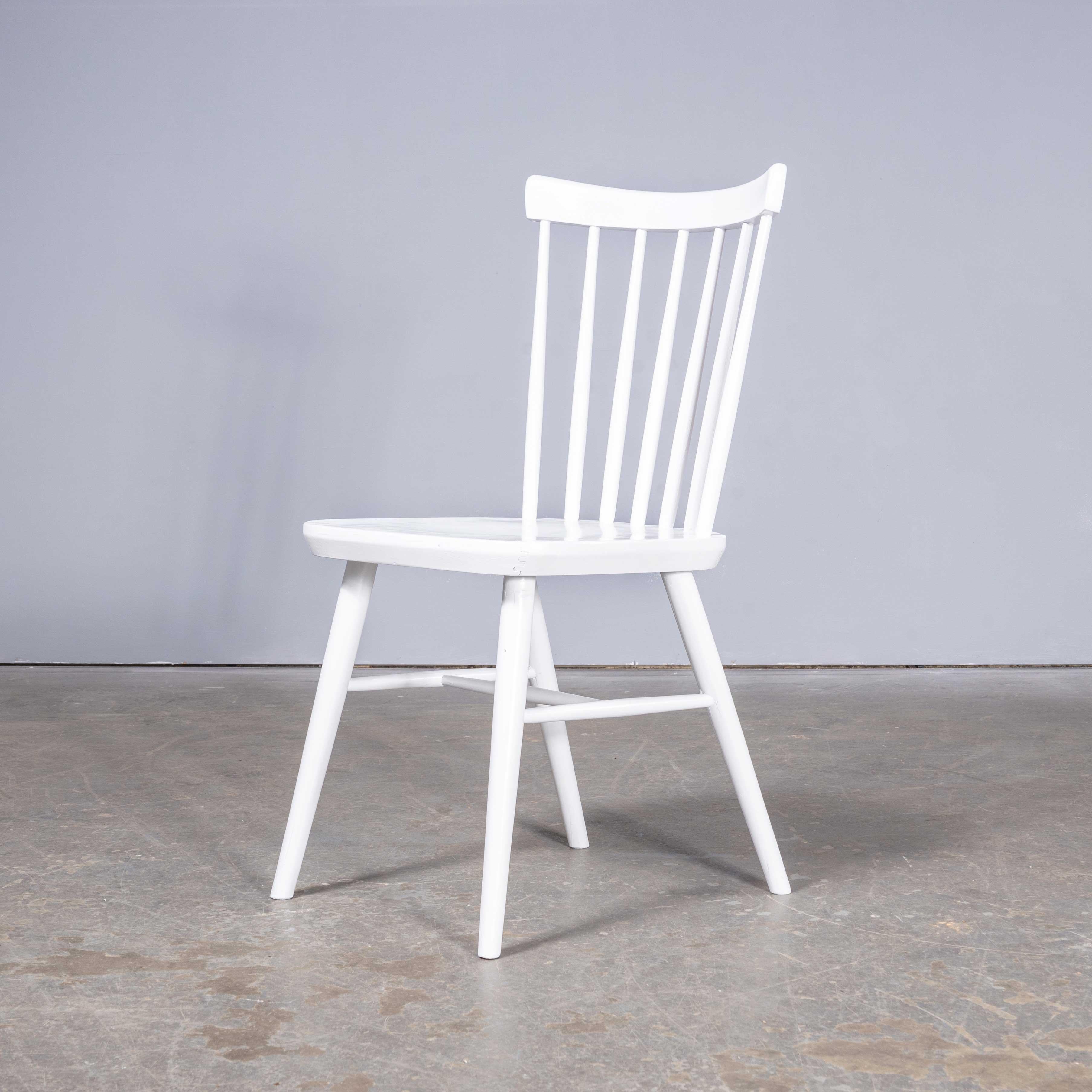 Wood 1950's White Painted  Stickback Dining Chairs - Solid Seat - By Ton - Set Of Fiv For Sale