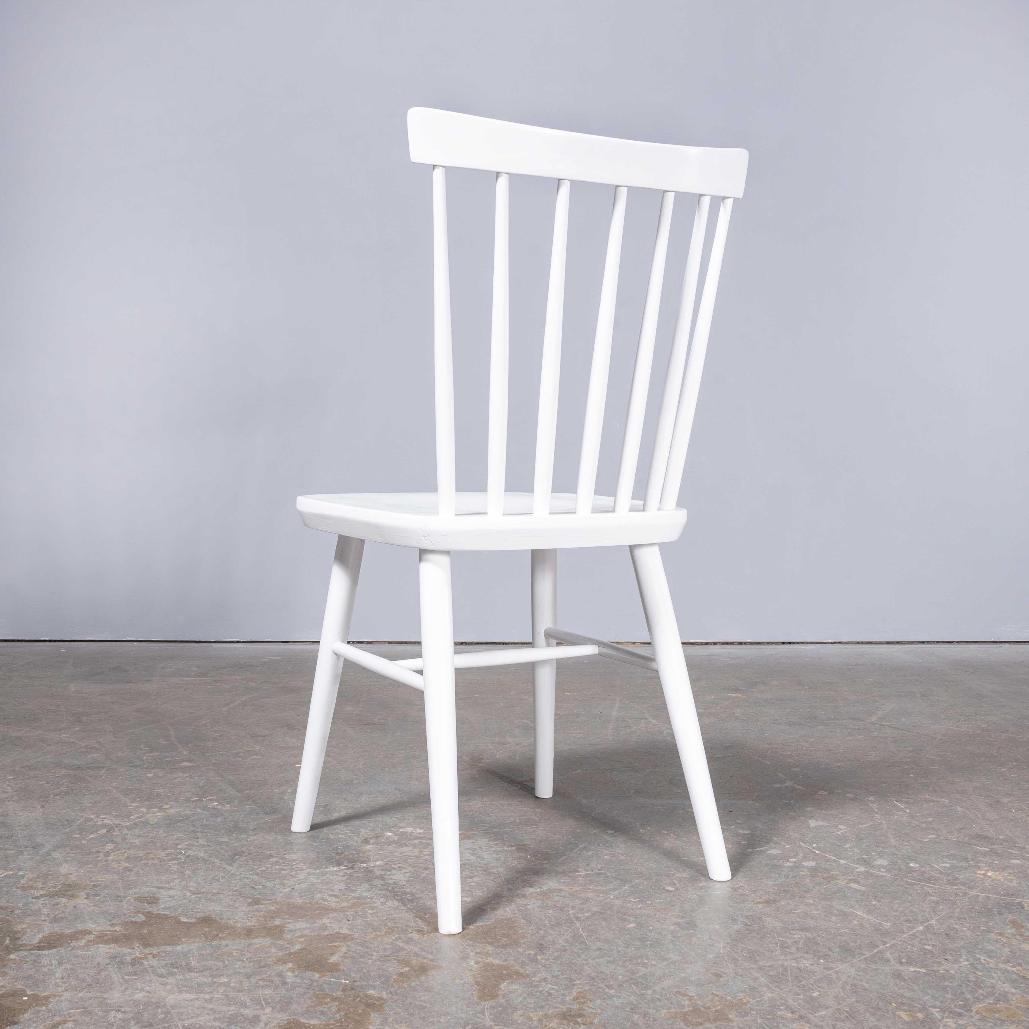 1950's White Painted  Stickback Dining Chairs - Solid Seat - By Ton - Set Of Fiv For Sale 1