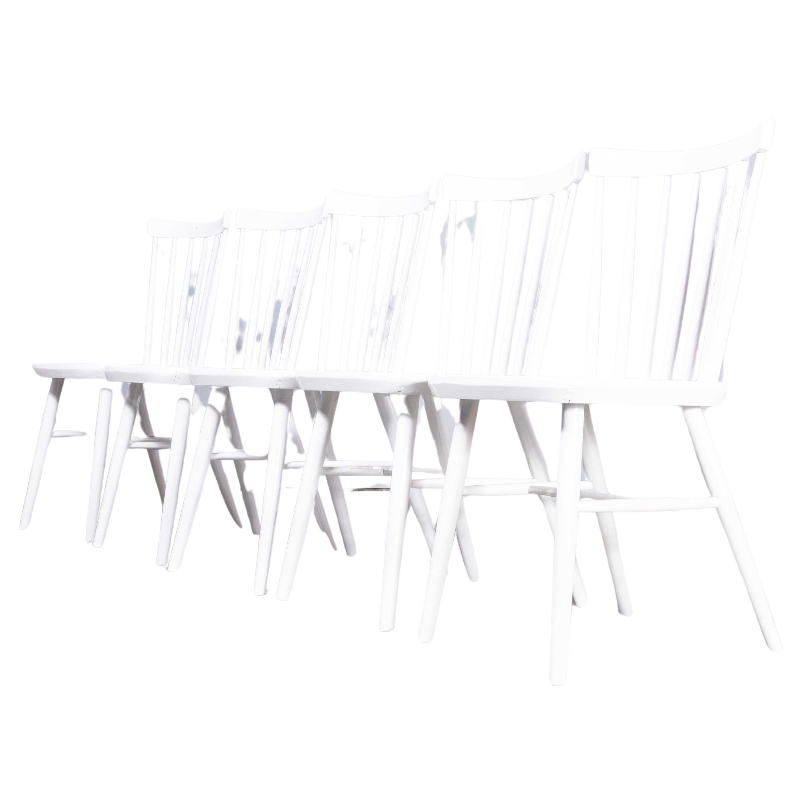 1950's White Painted  Stickback Dining Chairs - Solid Seat - By Ton - Set Of Fiv For Sale