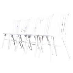 Retro 1950's White Painted  Stickback Dining Chairs - Solid Seat - By Ton - Set Of Fiv