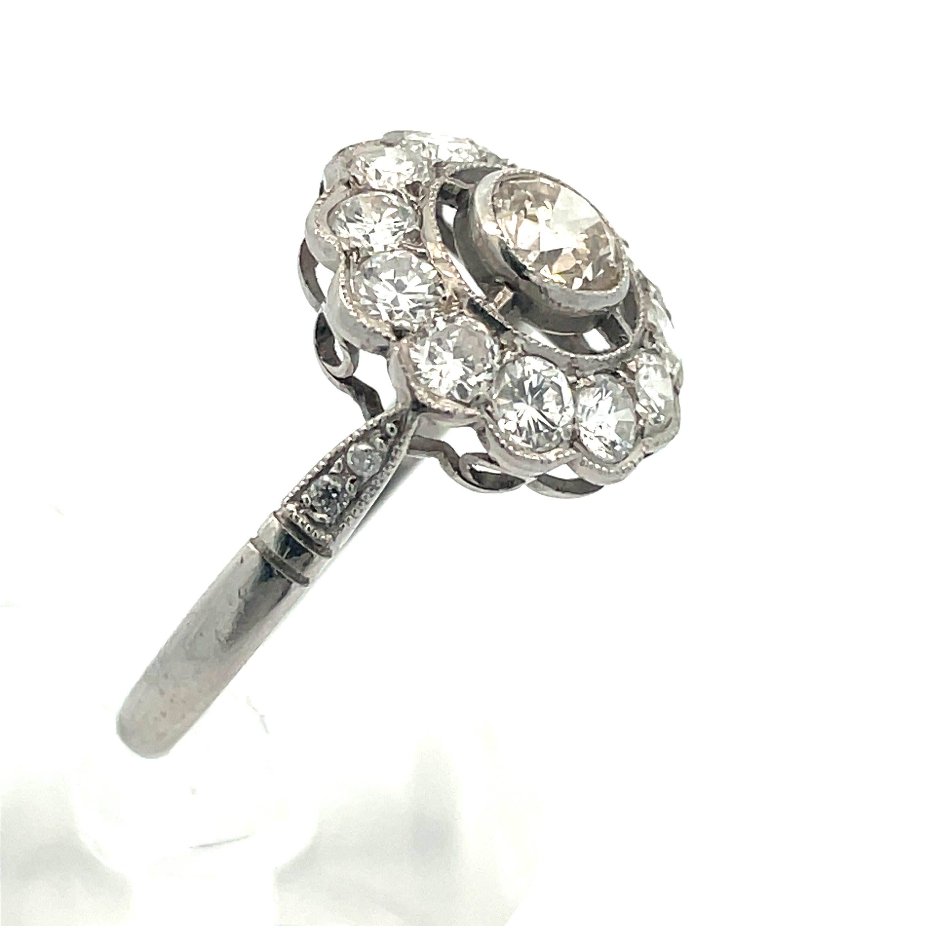 Contemporary 1950s White Platinum French Ring with Warm Diamond Center  For Sale