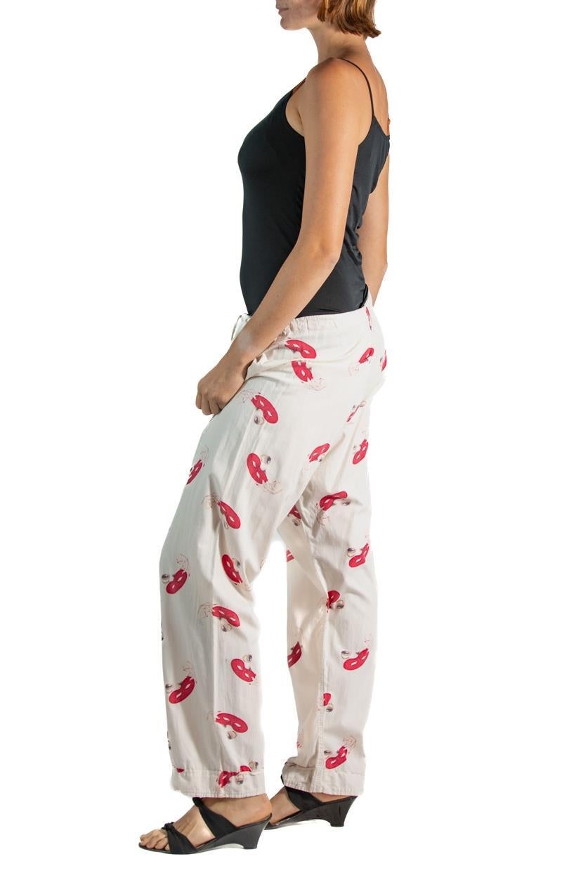 Beige 1950S White & Red Cotton Sexy Pin-Up Eyes Mask Printed Pajamas Pants For Sale