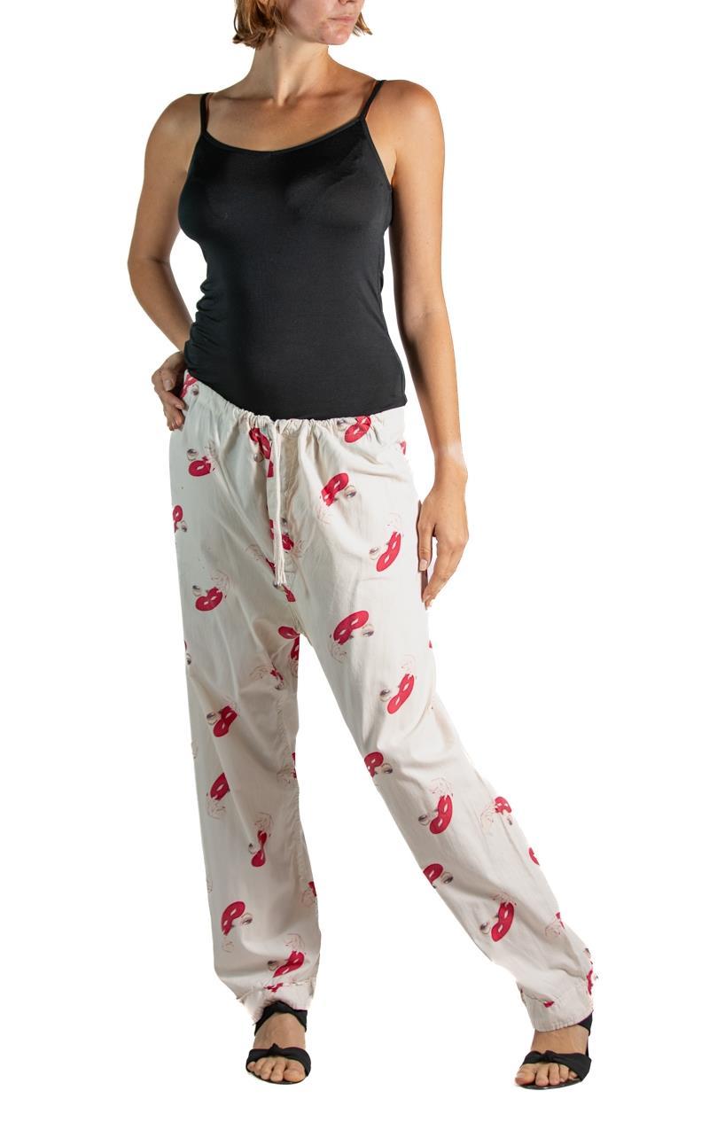 Women's or Men's 1950S White & Red Cotton Sexy Pin-Up Eyes Mask Printed Pajamas Pants For Sale