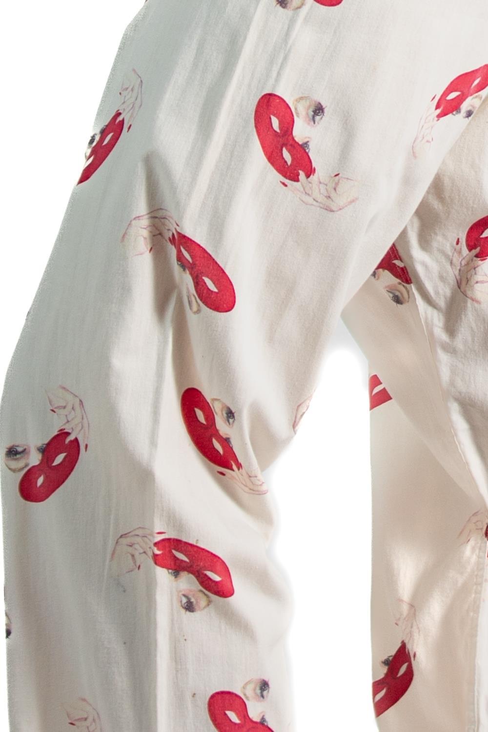 1950S White & Red Cotton Sexy Pin-Up Eyes Mask Printed Pajamas Pants For Sale 2