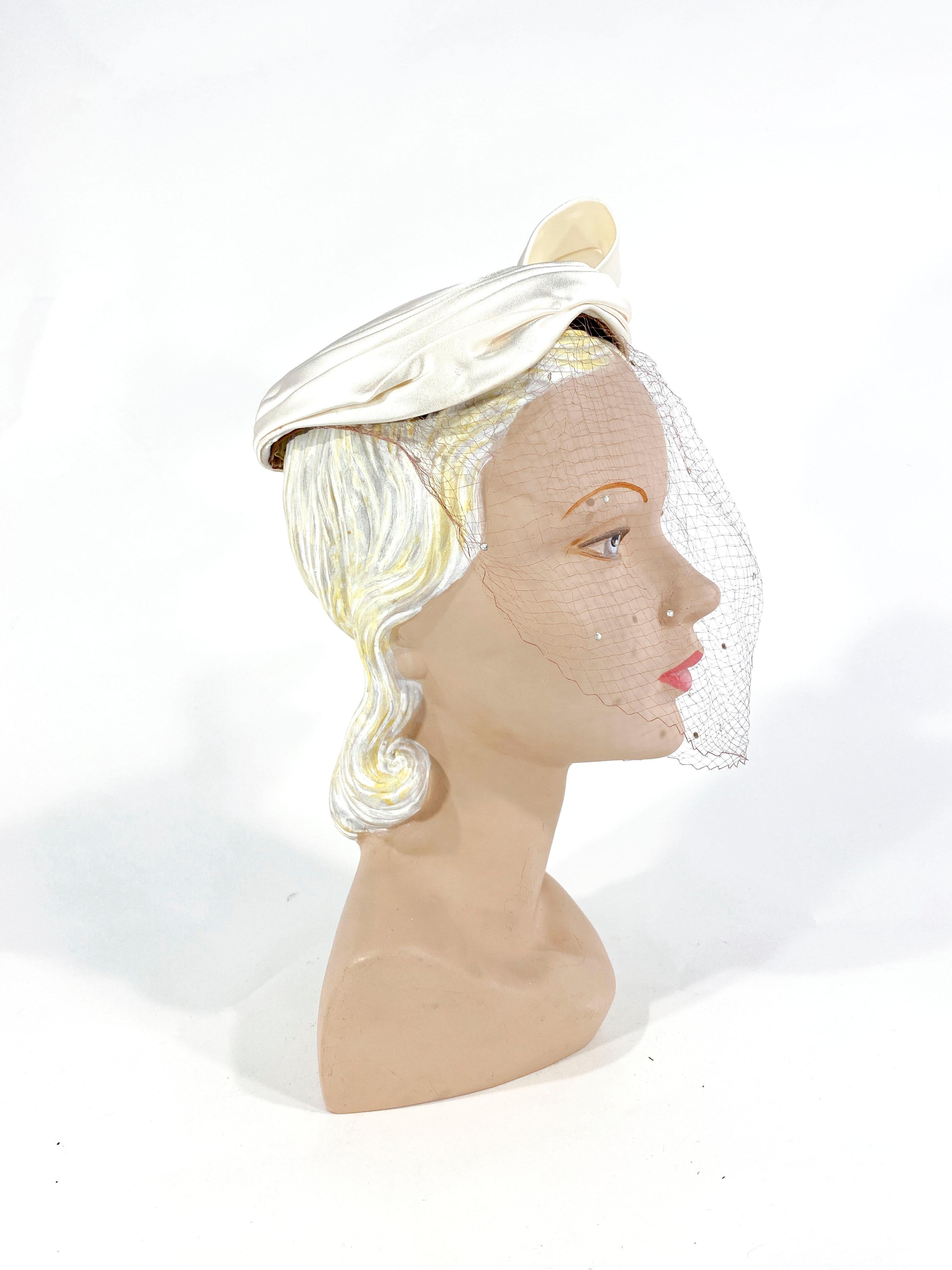 Gray 1950s White Satin Cocktail Hat with Sculpted Bow