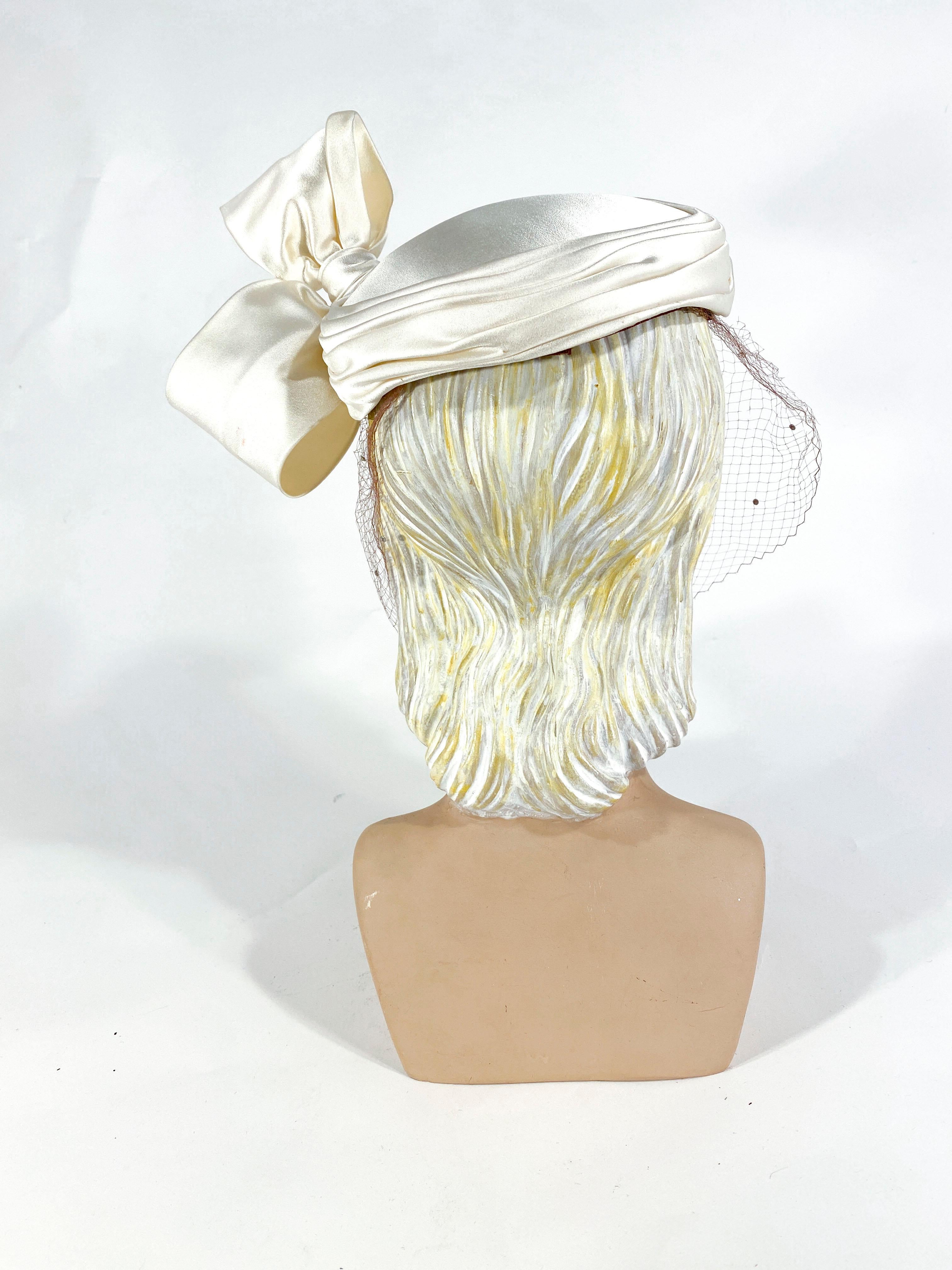 1950s White Satin Cocktail Hat with Sculpted Bow 1