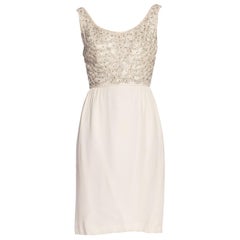 1950s White Silk Dress With Crystals Beaded Bodice