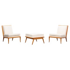1950s White Upholstery, Wooden Frame Lounge Chairs with Ottoman by Widdicomb