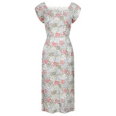 Vintage 1950s White Velvet Embossed Floral Print Dress