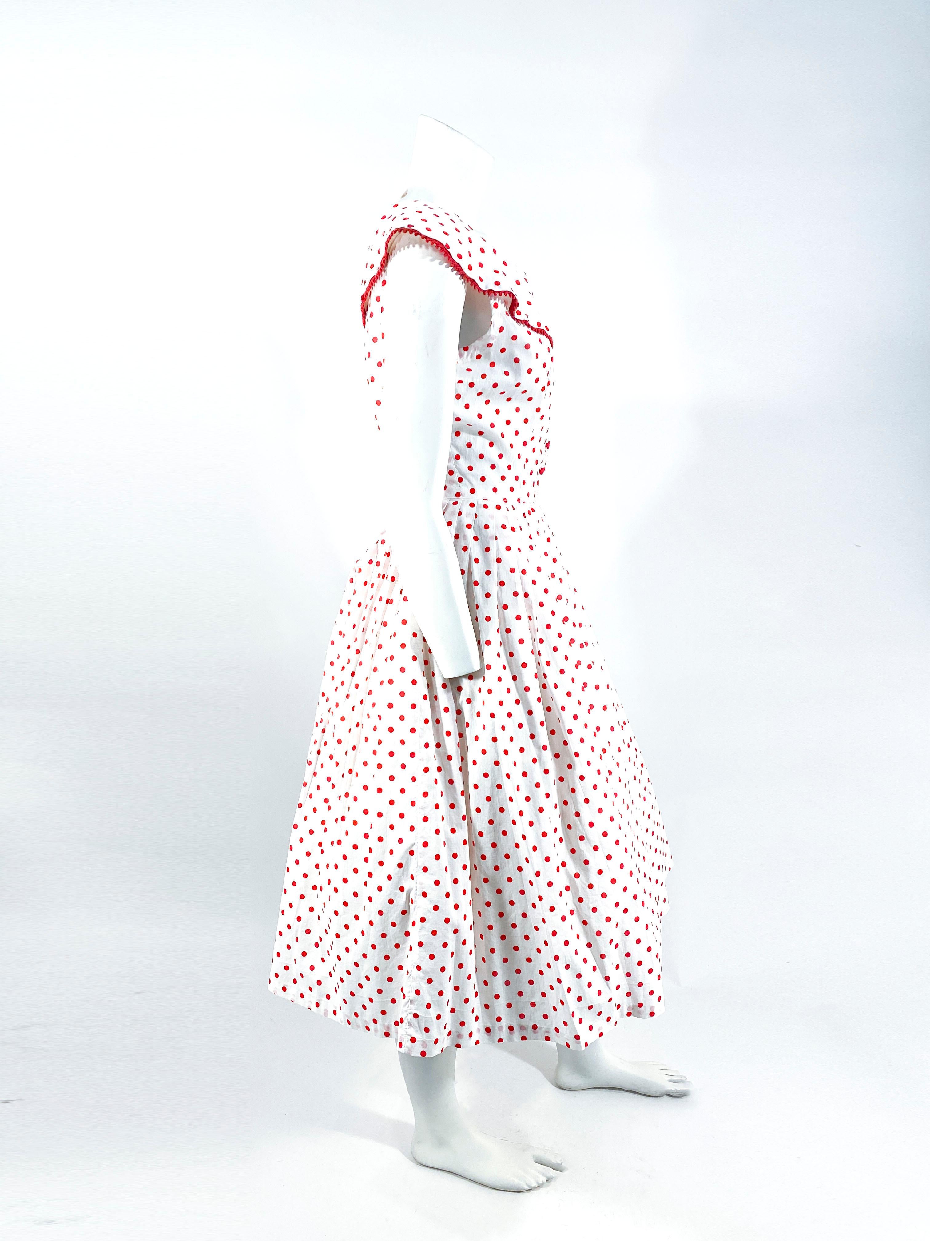 Gray 1950s White with Red Polka Dot Day Dress For Sale