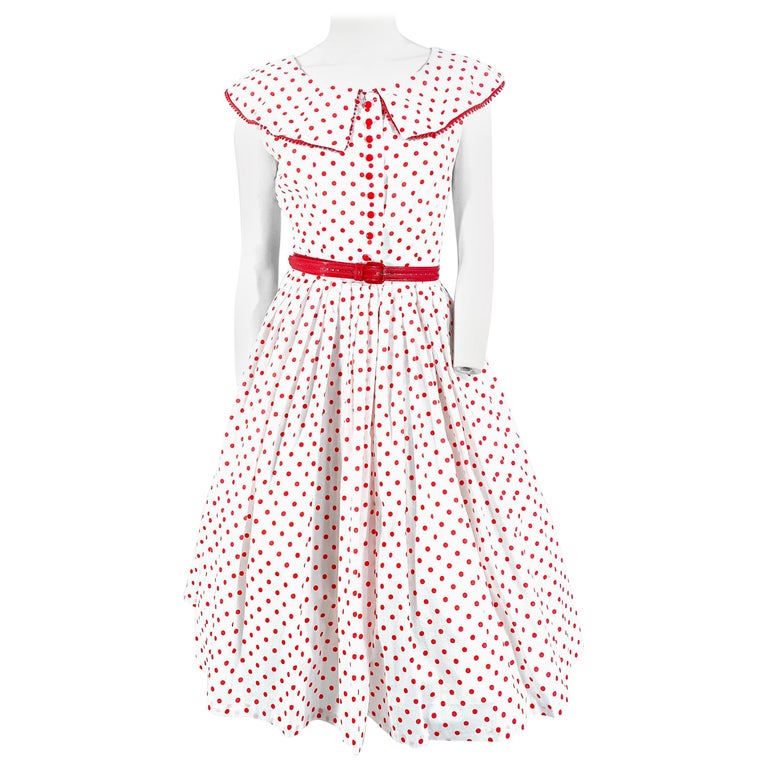 1950s White with Red Polka Dot Day Dress For Sale at 1stDibs