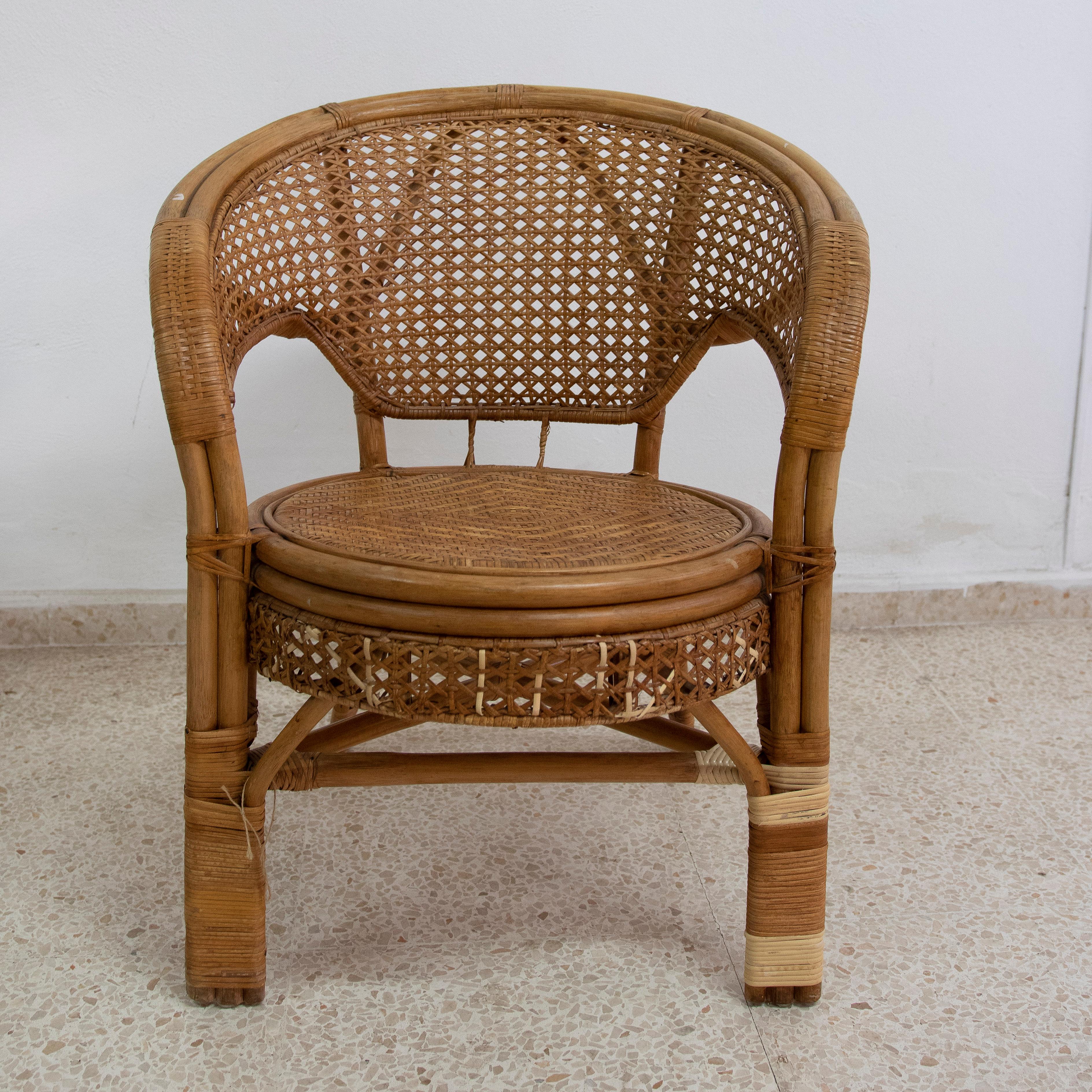 Spanish 1950s Wicker and Bamboo Armchair with Mesh Backrest For Sale