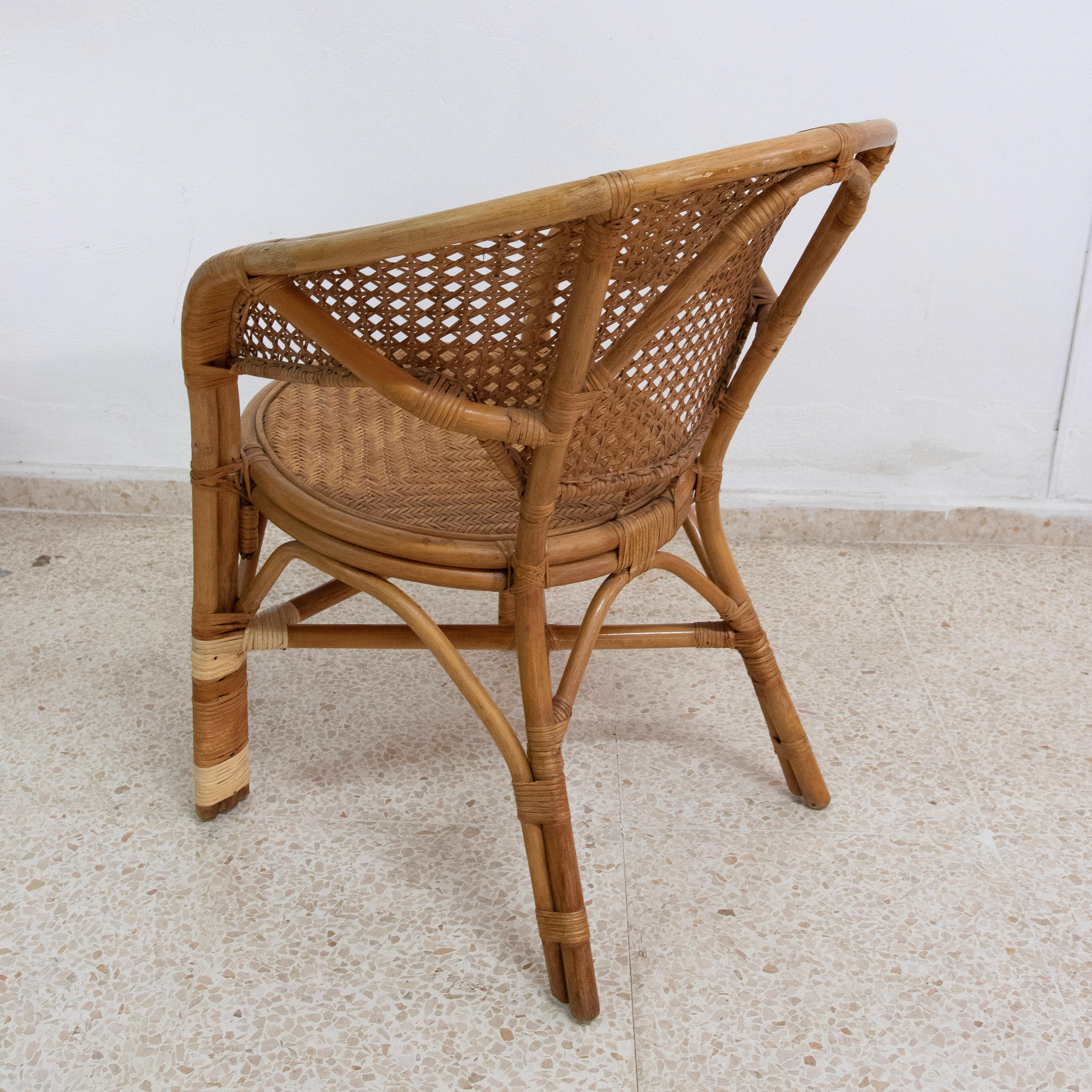 20th Century 1950s Wicker and Bamboo Armchair with Mesh Backrest For Sale