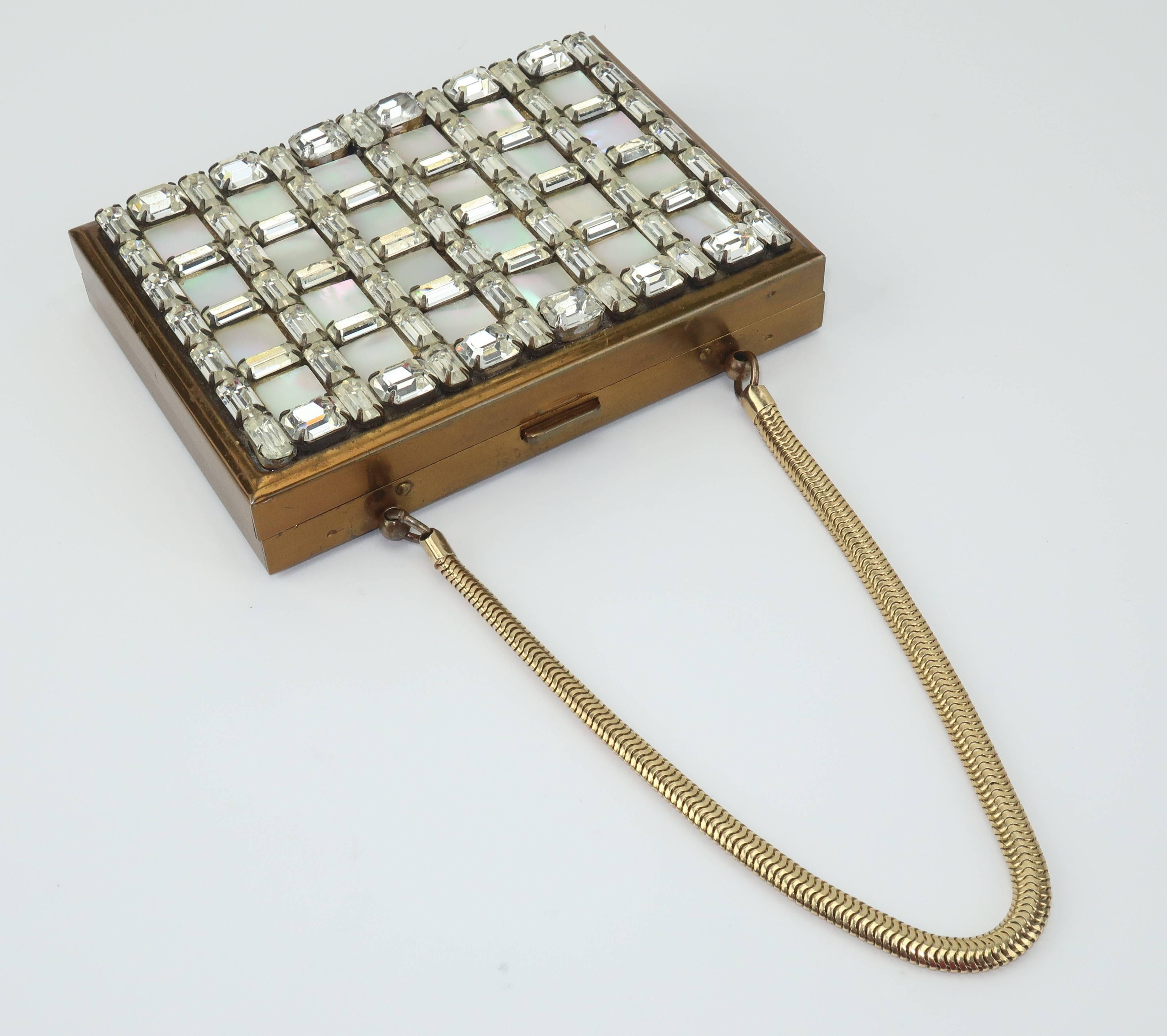 Beige 1950’s Wiesner of Miami Rhinestone and Mother-of-Pearl Compact Handbag