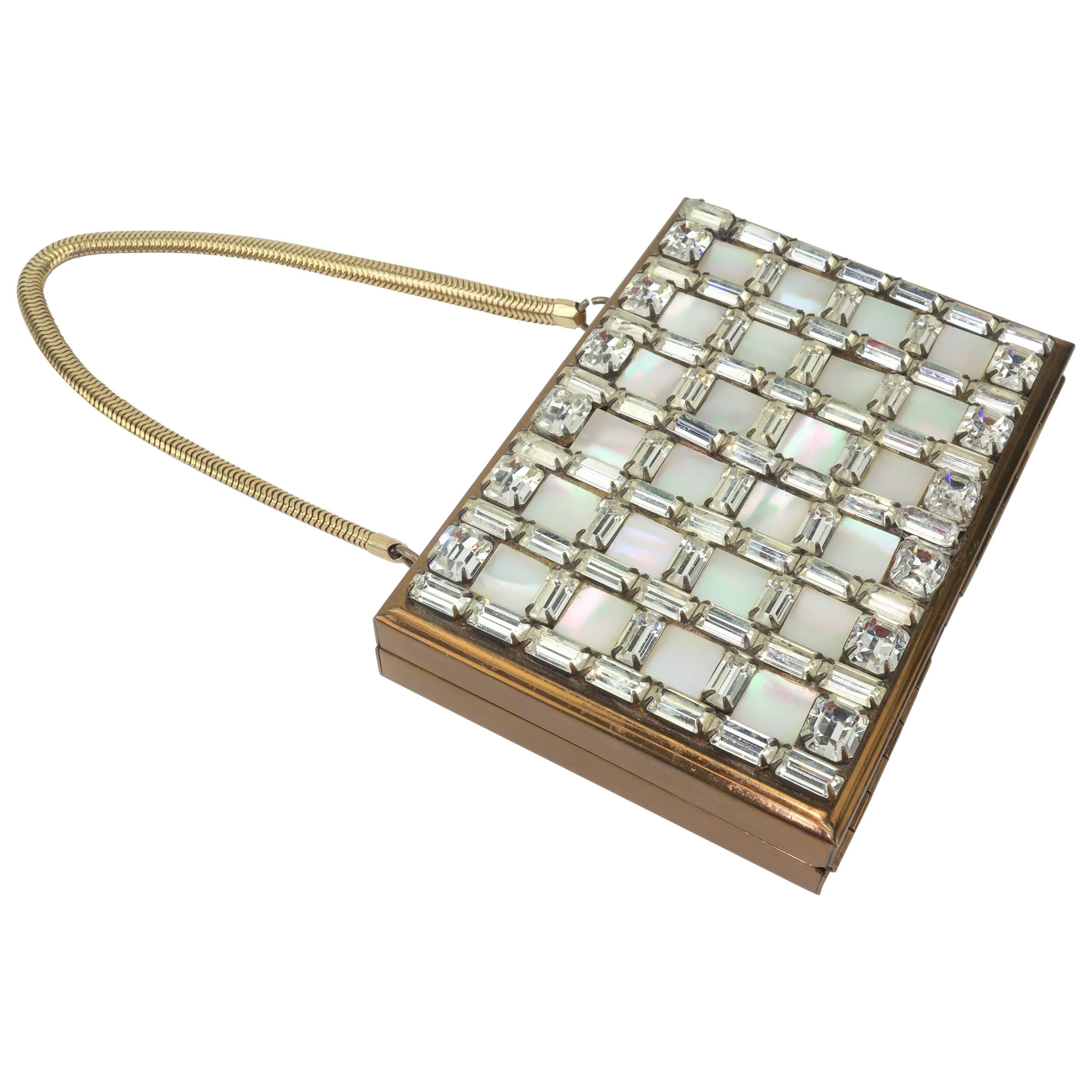 1950’s Wiesner of Miami Rhinestone and Mother-of-Pearl Compact Handbag