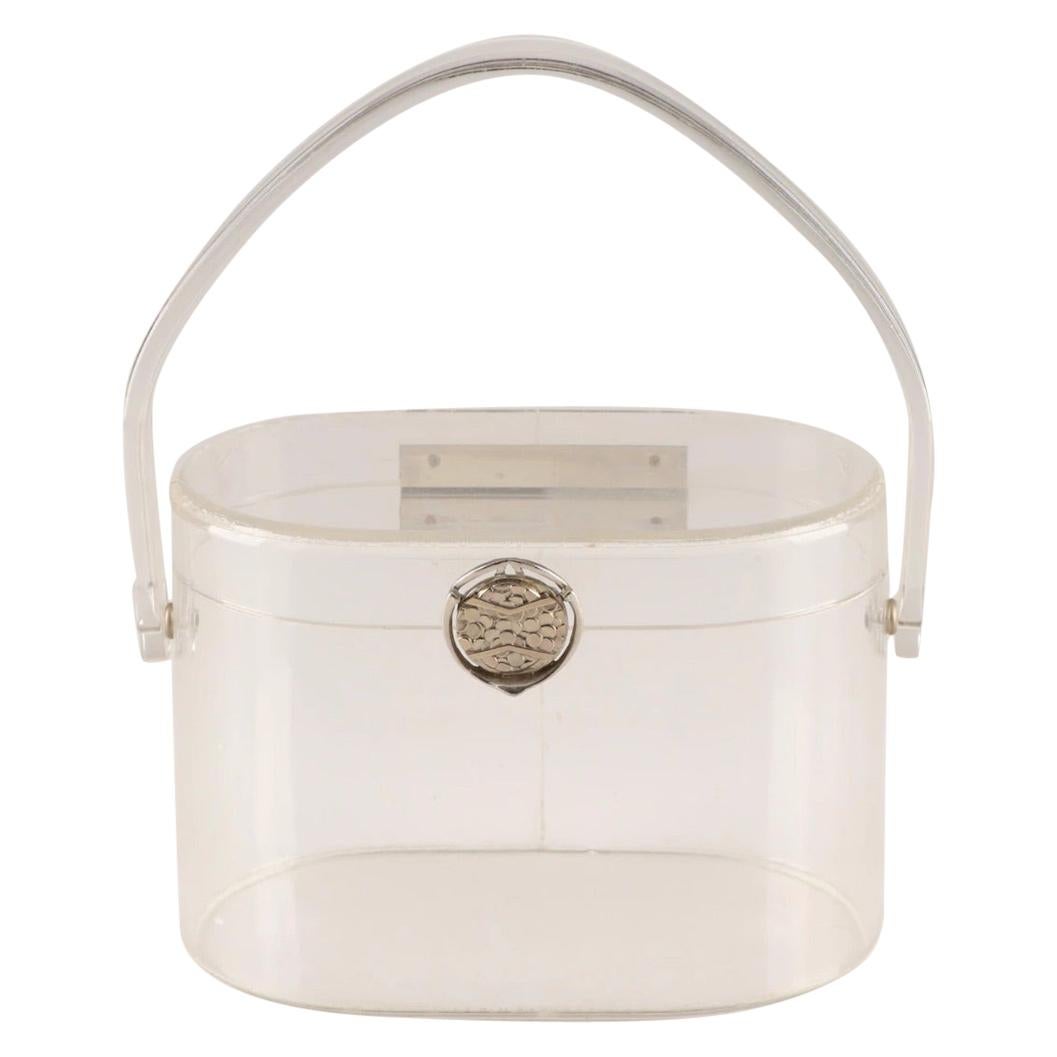 1950s Wilardy Clear Lucite Silver Hinged Box Handbag For Sale