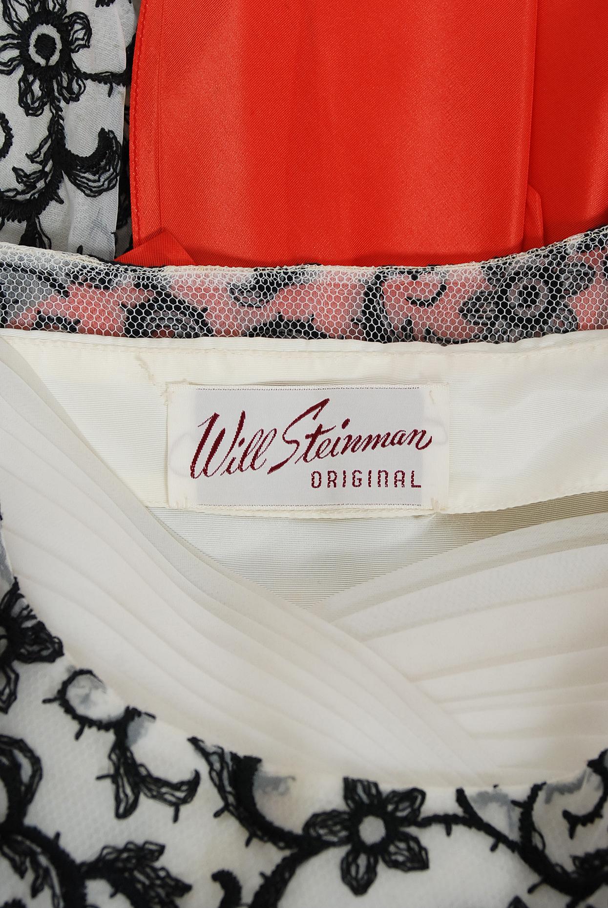 Women's Vintage 1950's Will Steinman Embroidered Ivory Chiffon Sash-Bow Full Skirt Dress