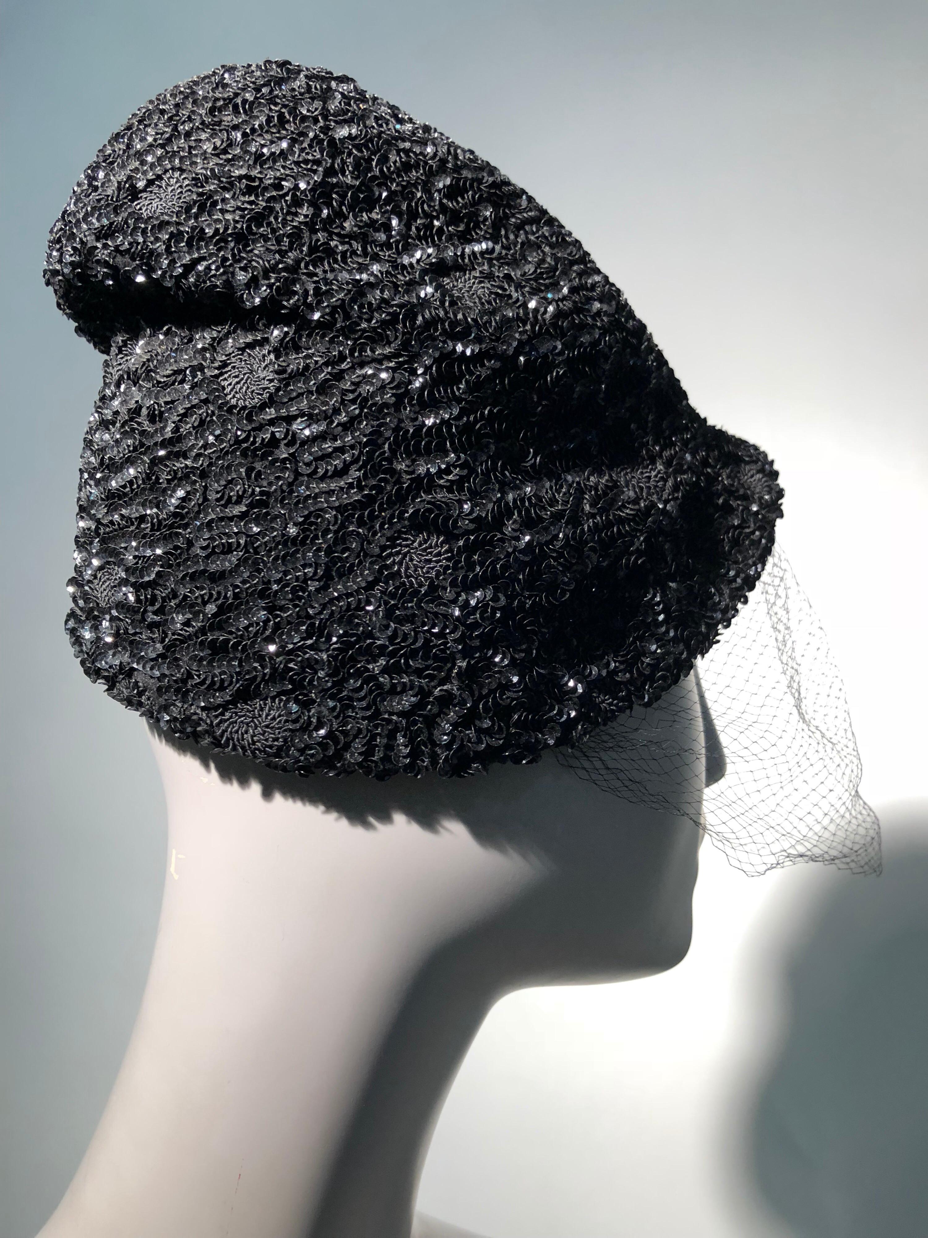 1950s William Silverman Sequin Encrusted Black Peaked Hat With Veil In Excellent Condition For Sale In Gresham, OR