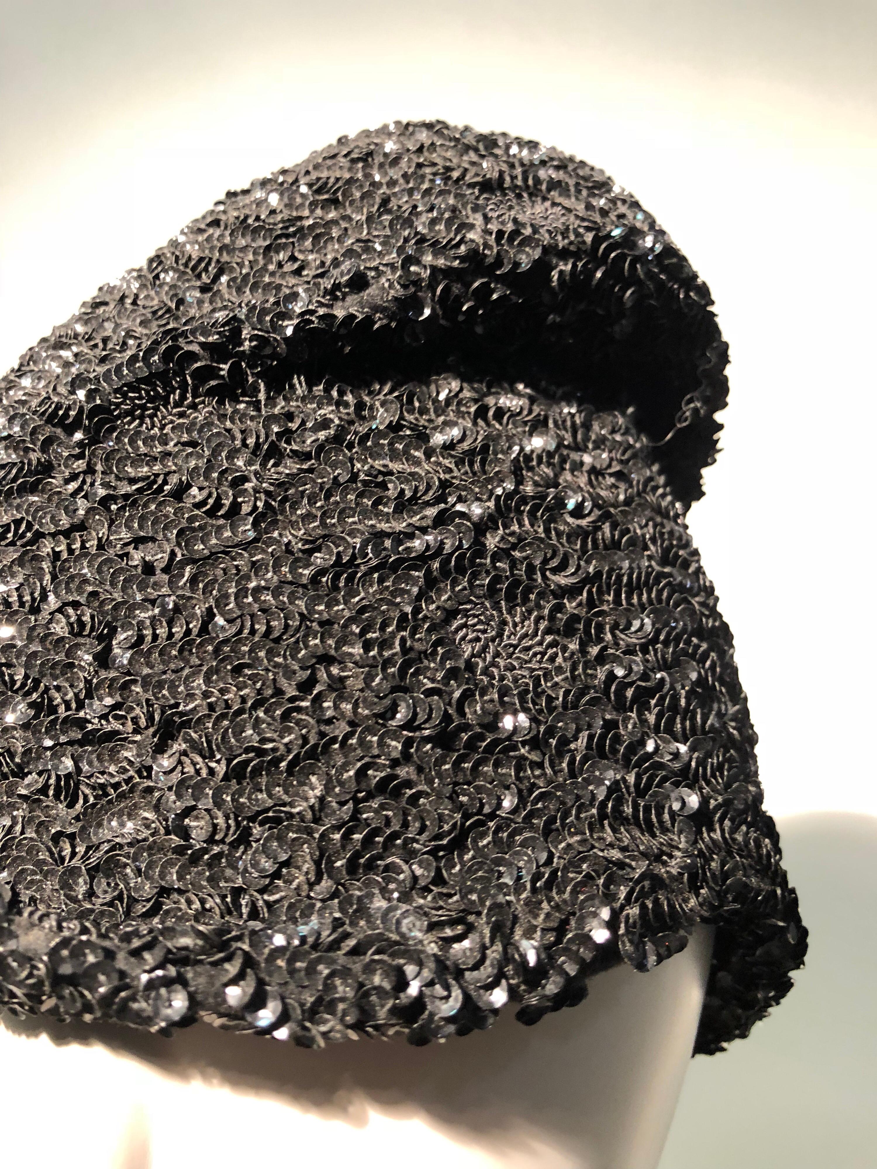 Women's 1950s William Silverman Sequin Encrusted Black Peaked Hat With Veil For Sale