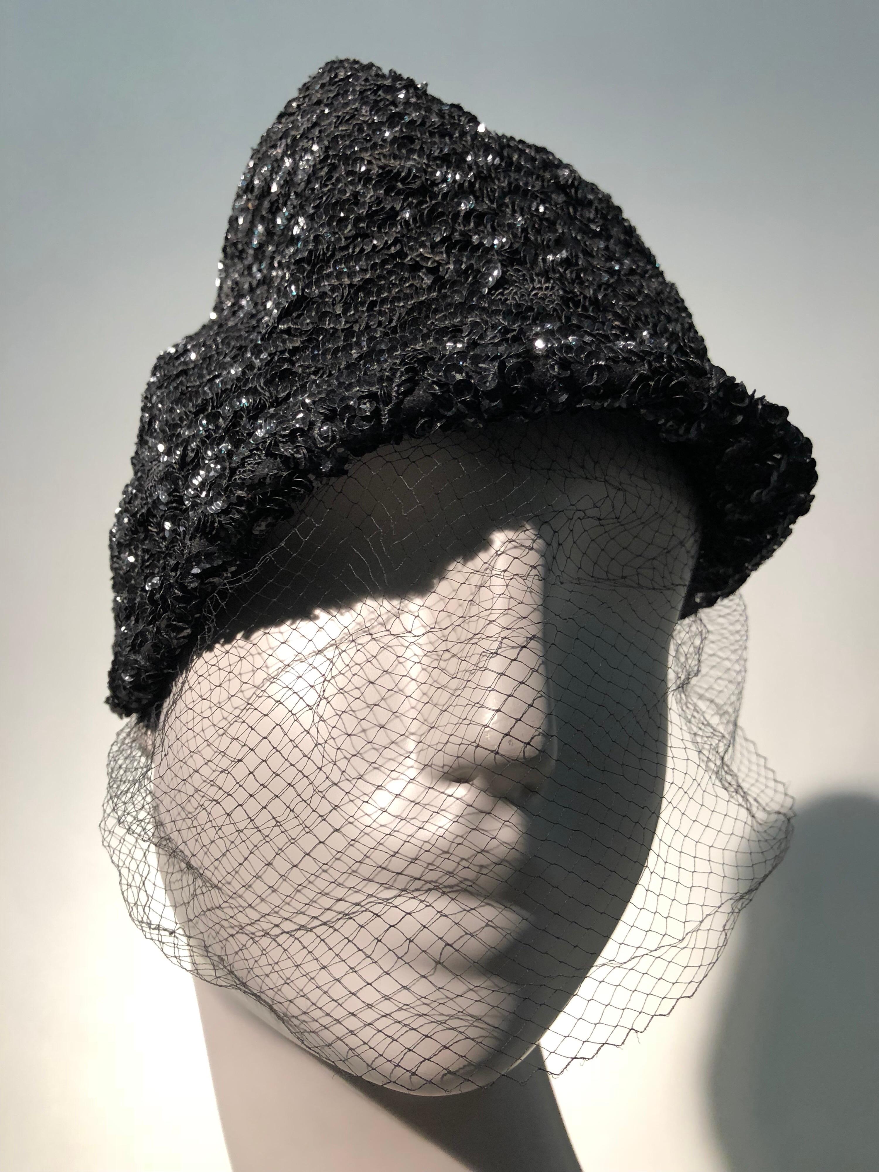 1950s William Silverman Sequin Encrusted Black Peaked Hat With Veil For Sale 1