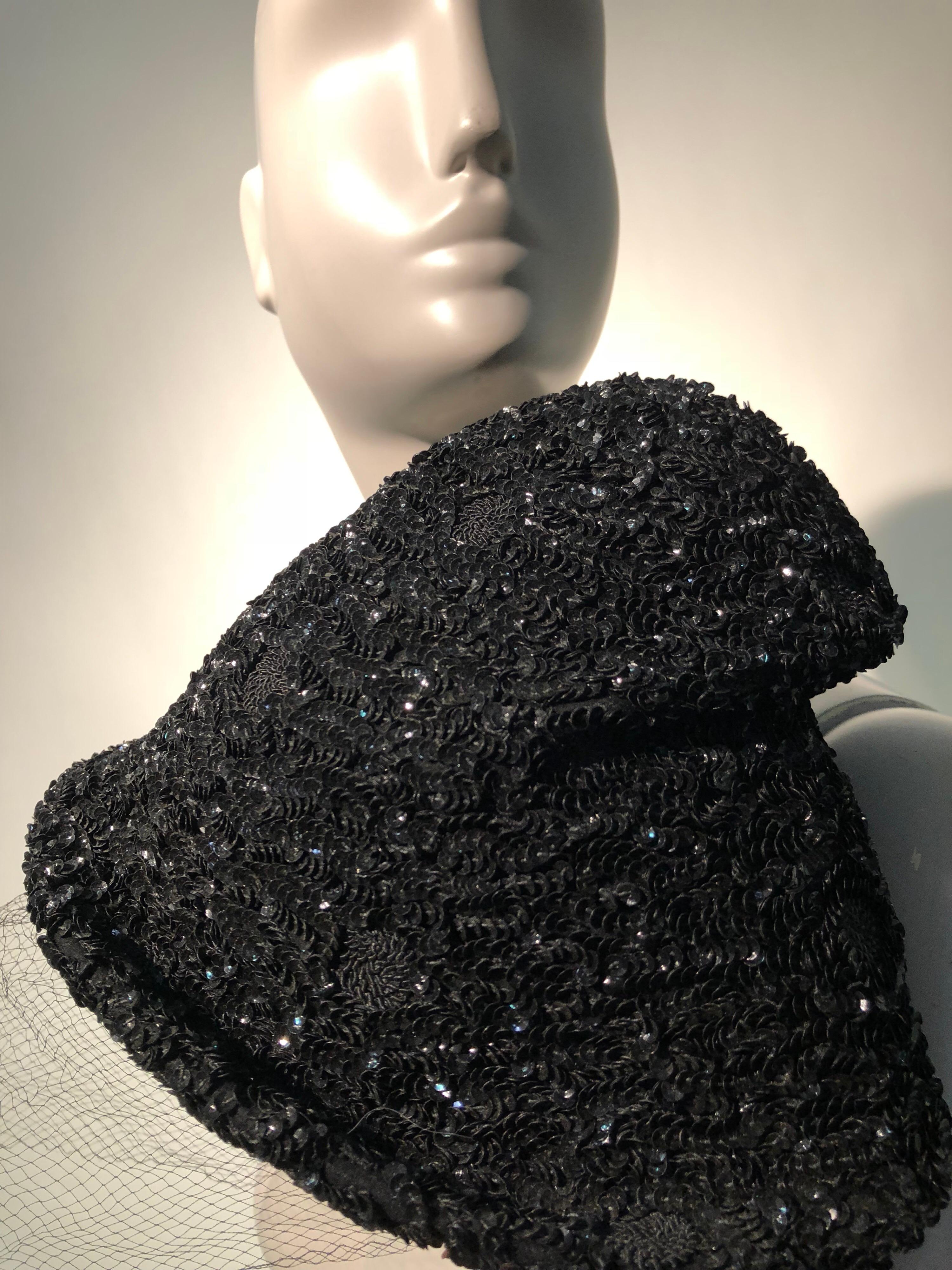 1950s William Silverman Sequin Encrusted Black Peaked Hat With Veil For Sale 2
